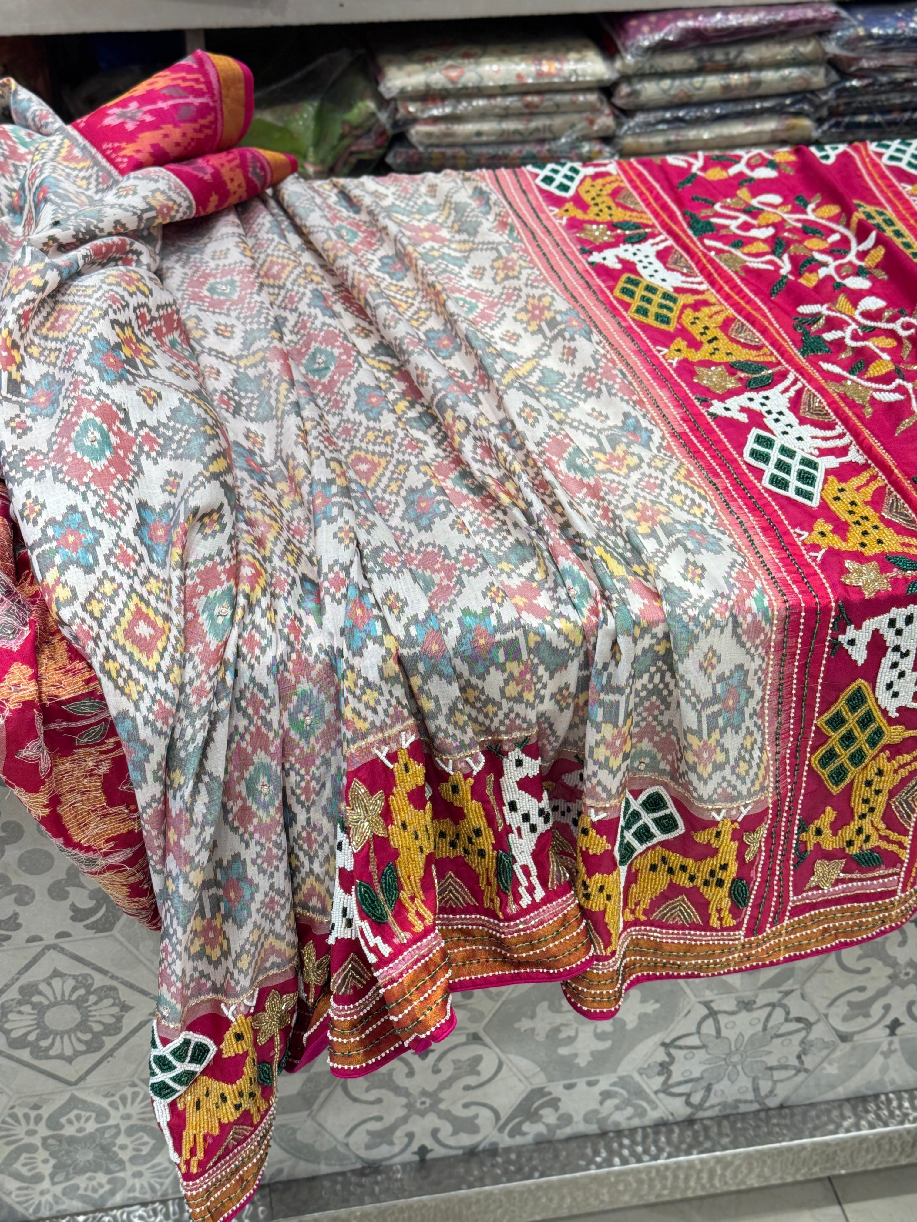 Handloom Patola with Moti Embroidery