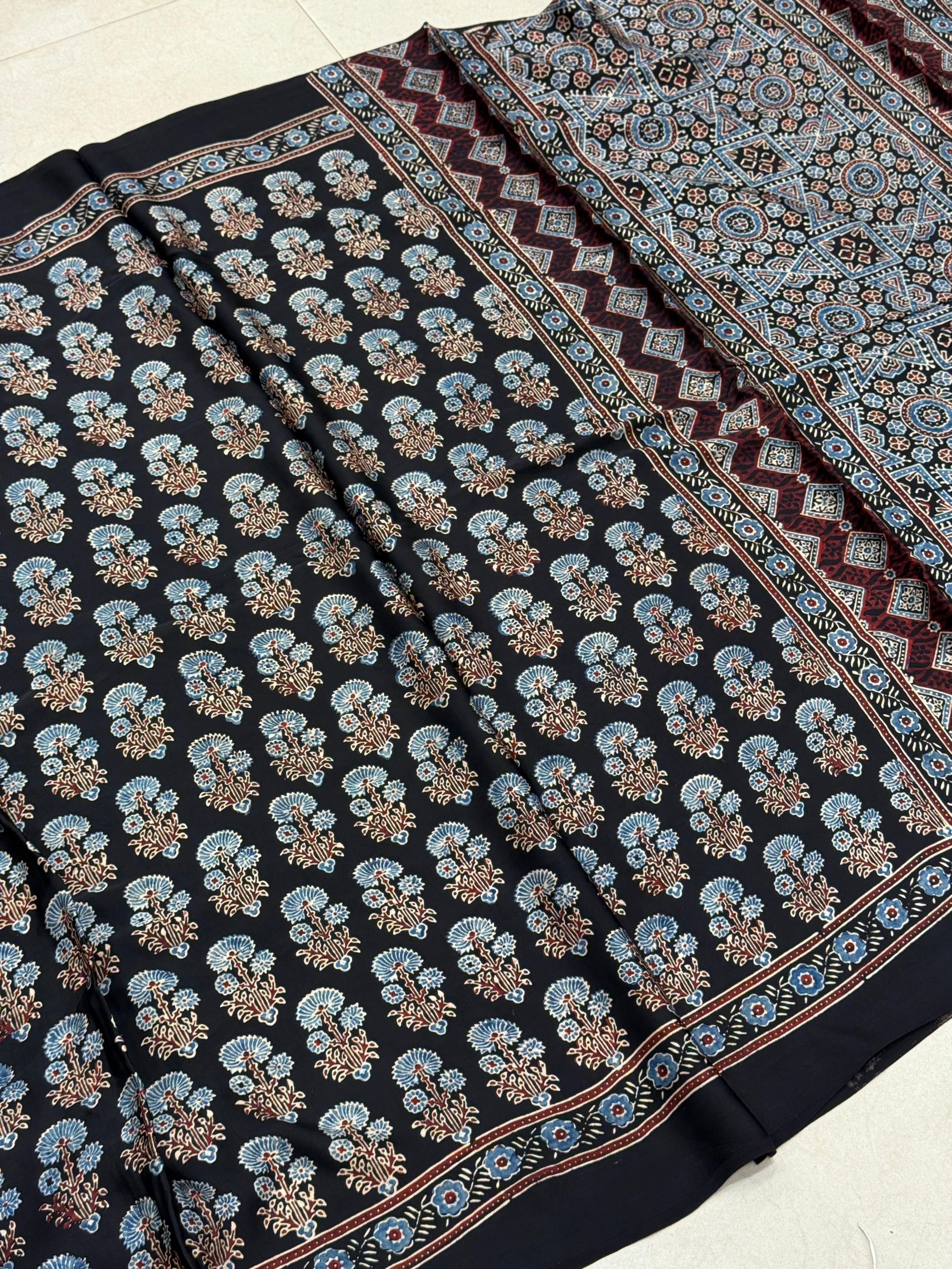 Black Big Buttis Ajrakh Block Print Hand Pure Gajji Silk Saree