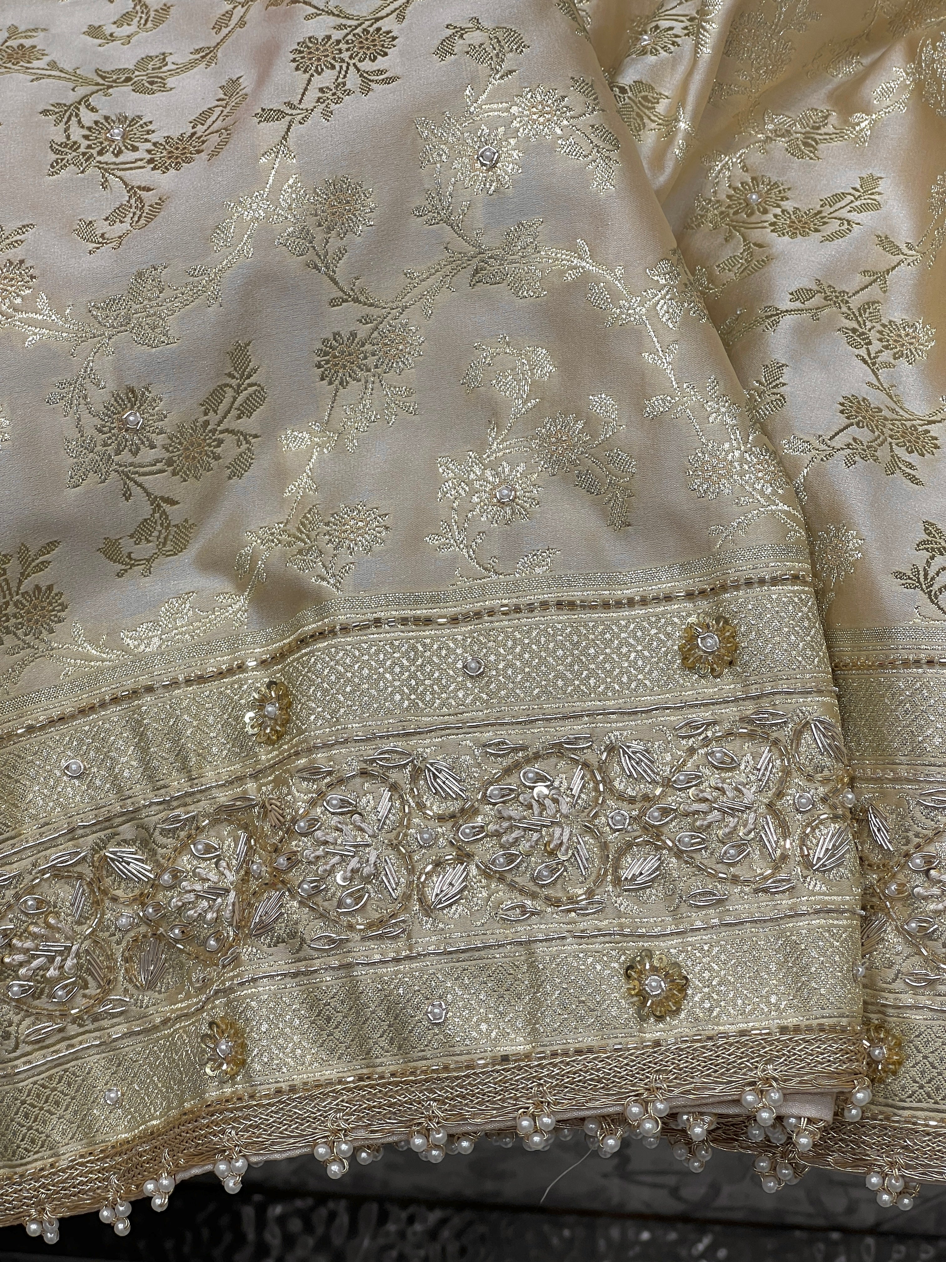 Beige Banarasi Silk Resham Hand Embroidery Saree