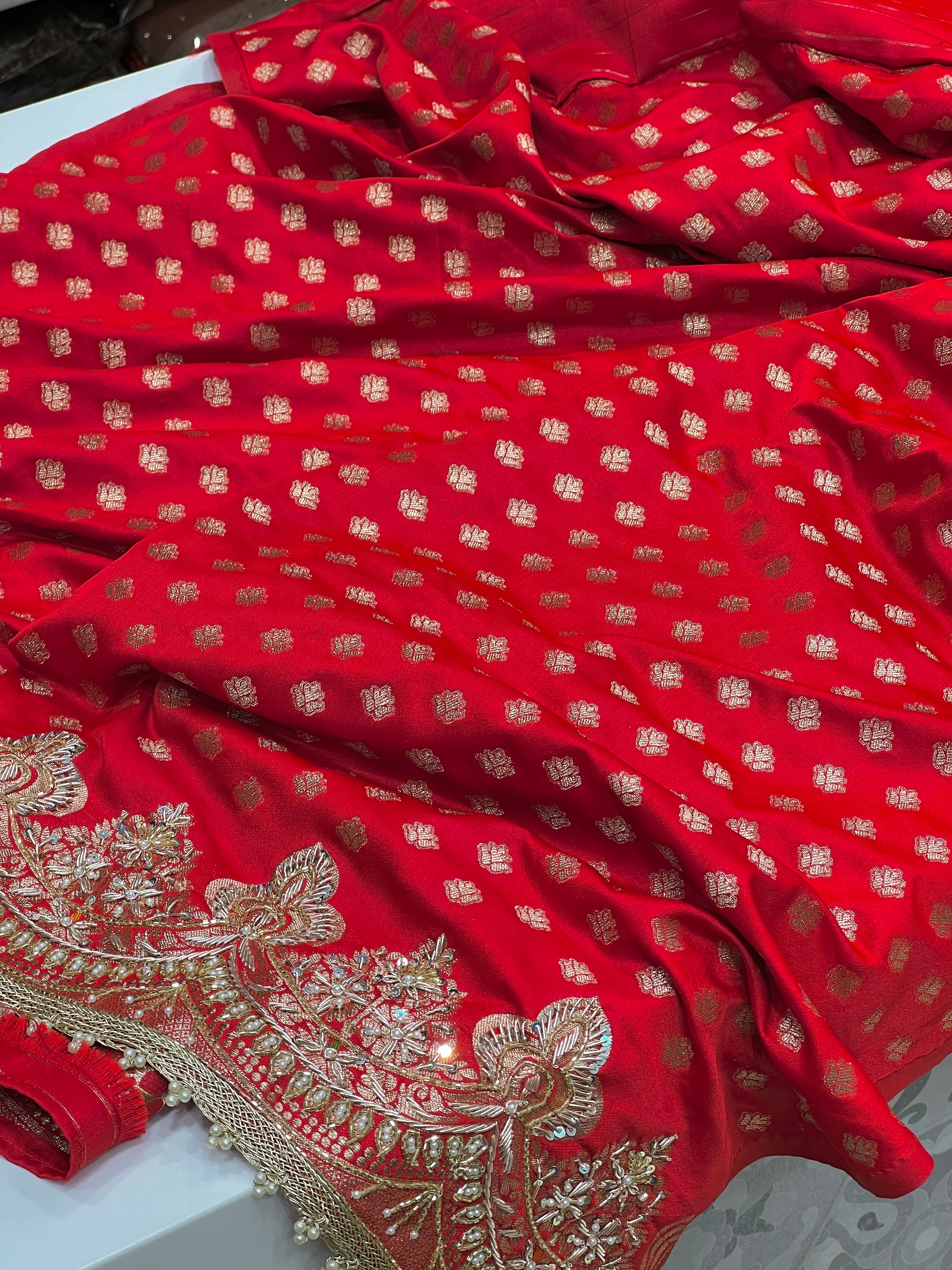 Red Banarasi Meena Hand Embroidery Saree