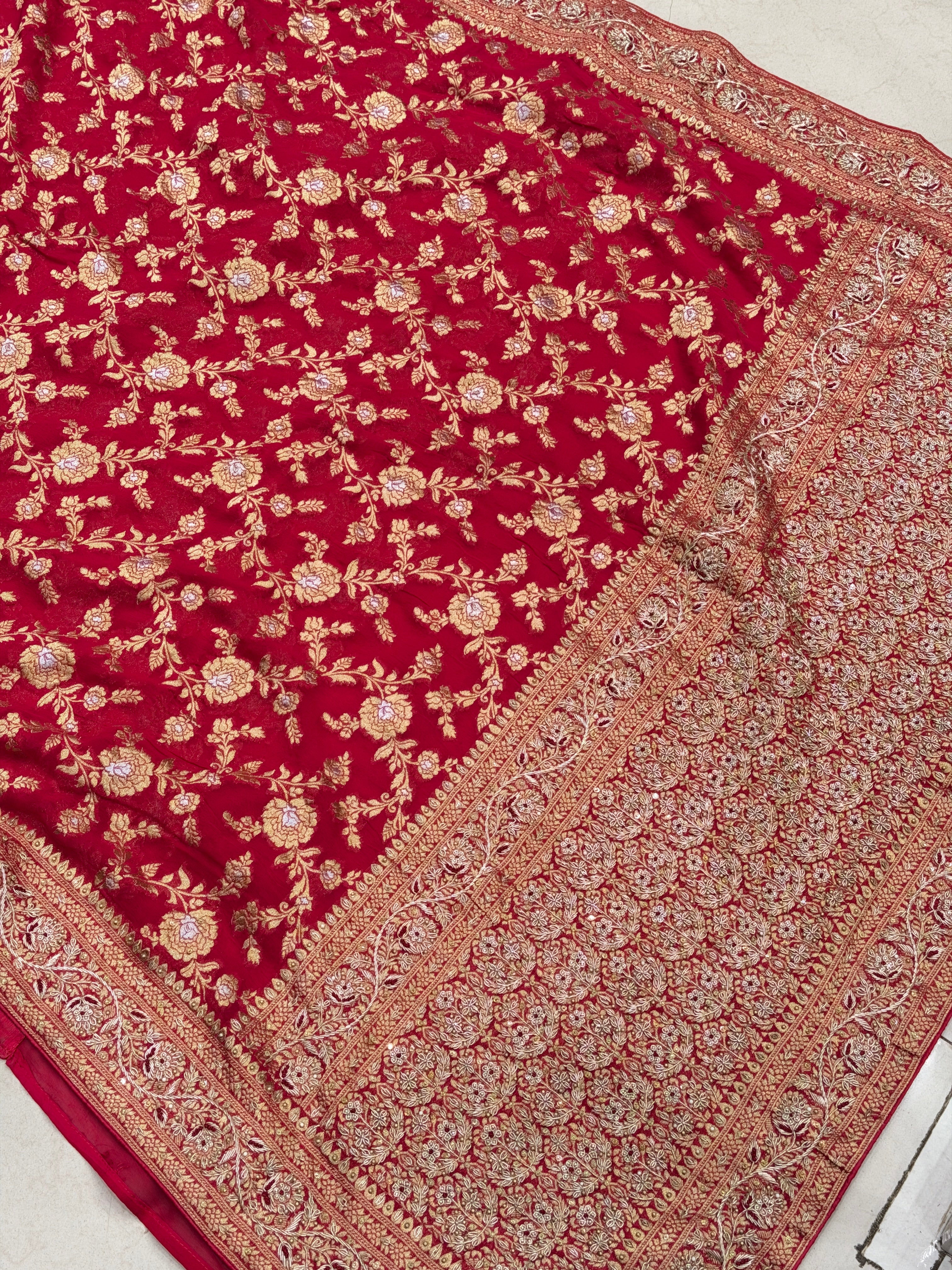 Rani Pink Banarasi Khaddi Georgette Zardosi Hand Embroidery Saree