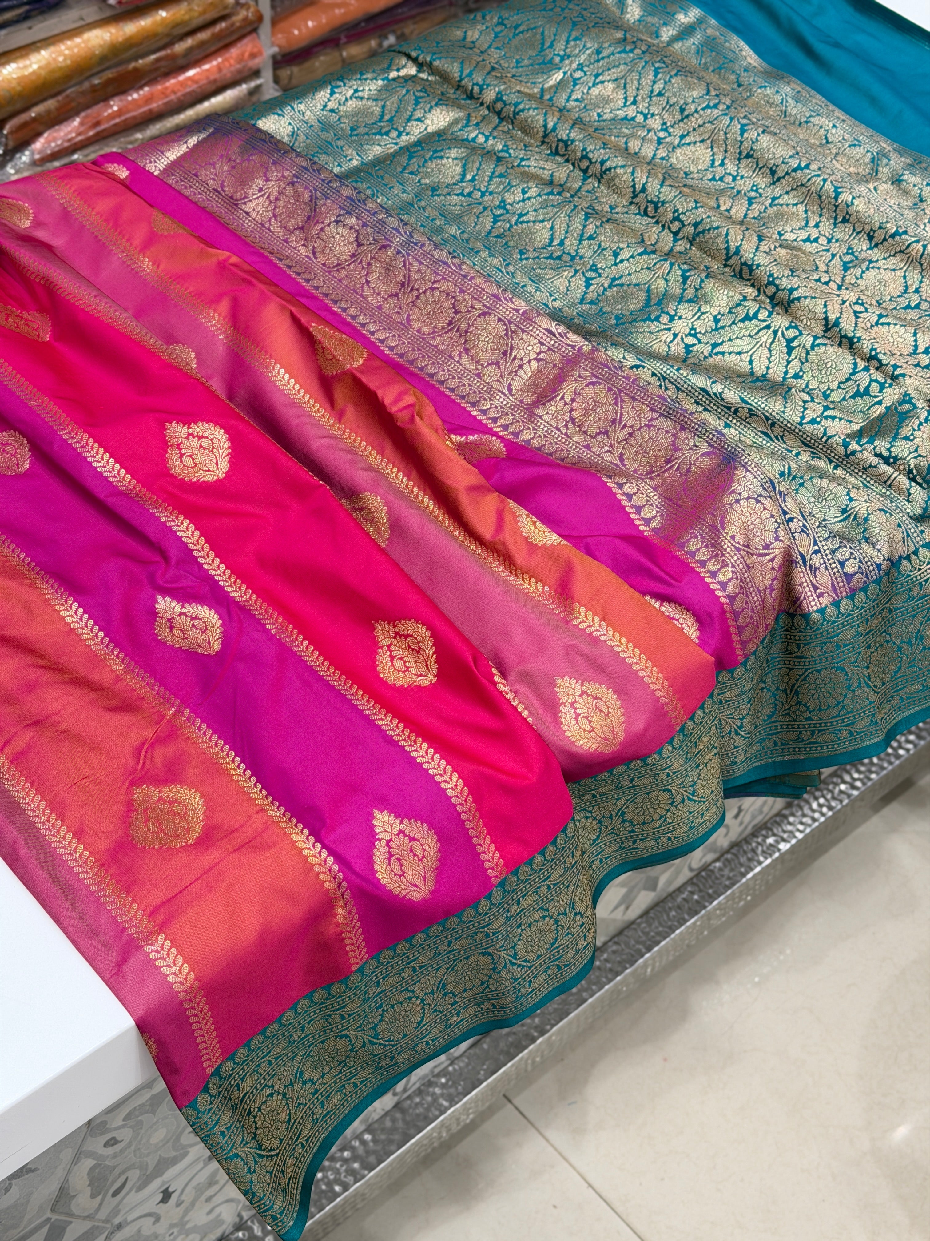 Rani Banarasi Rangkat Contrast Border Saree