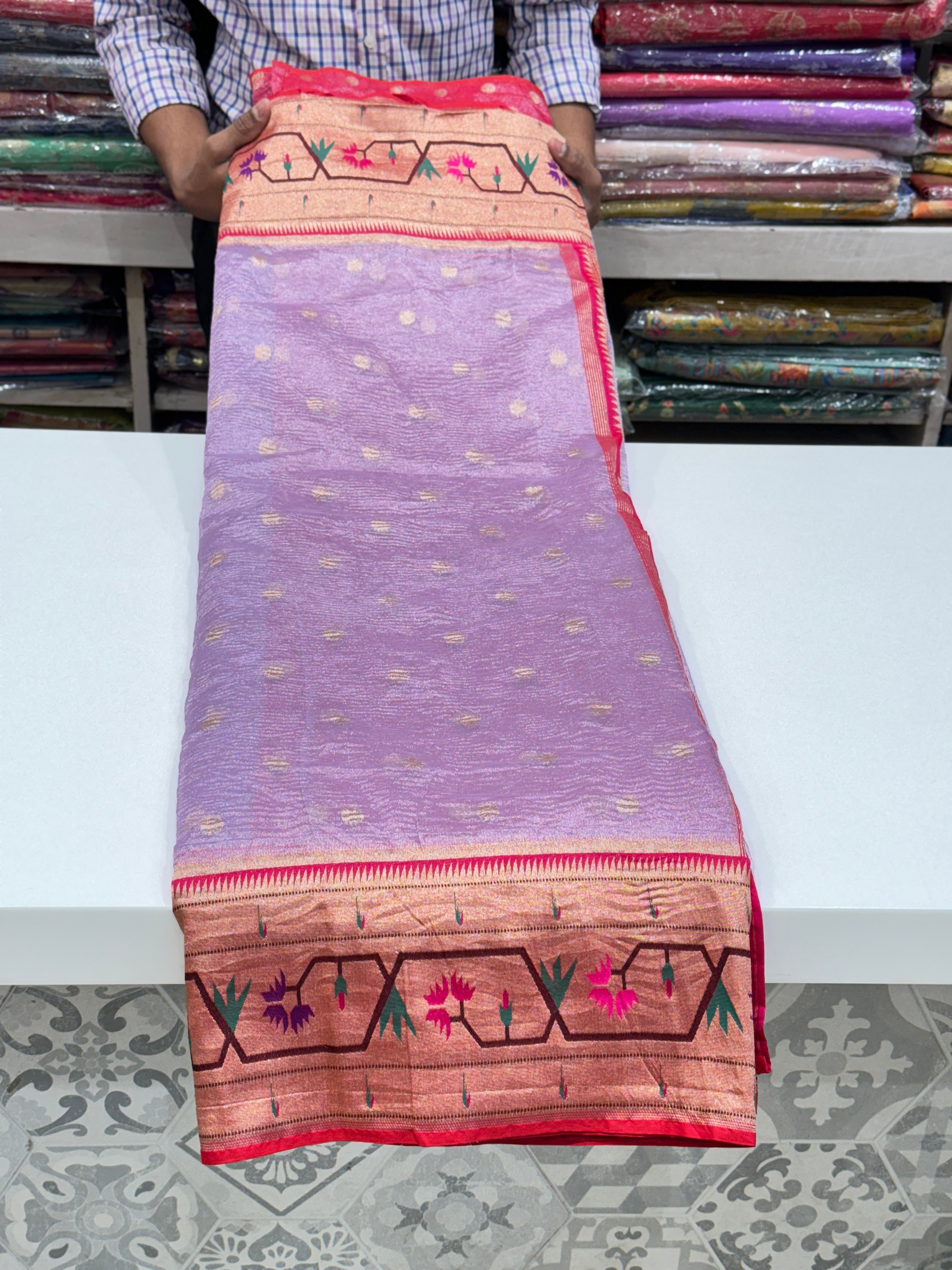 Lilac Crushed Tissue Paithani Saree