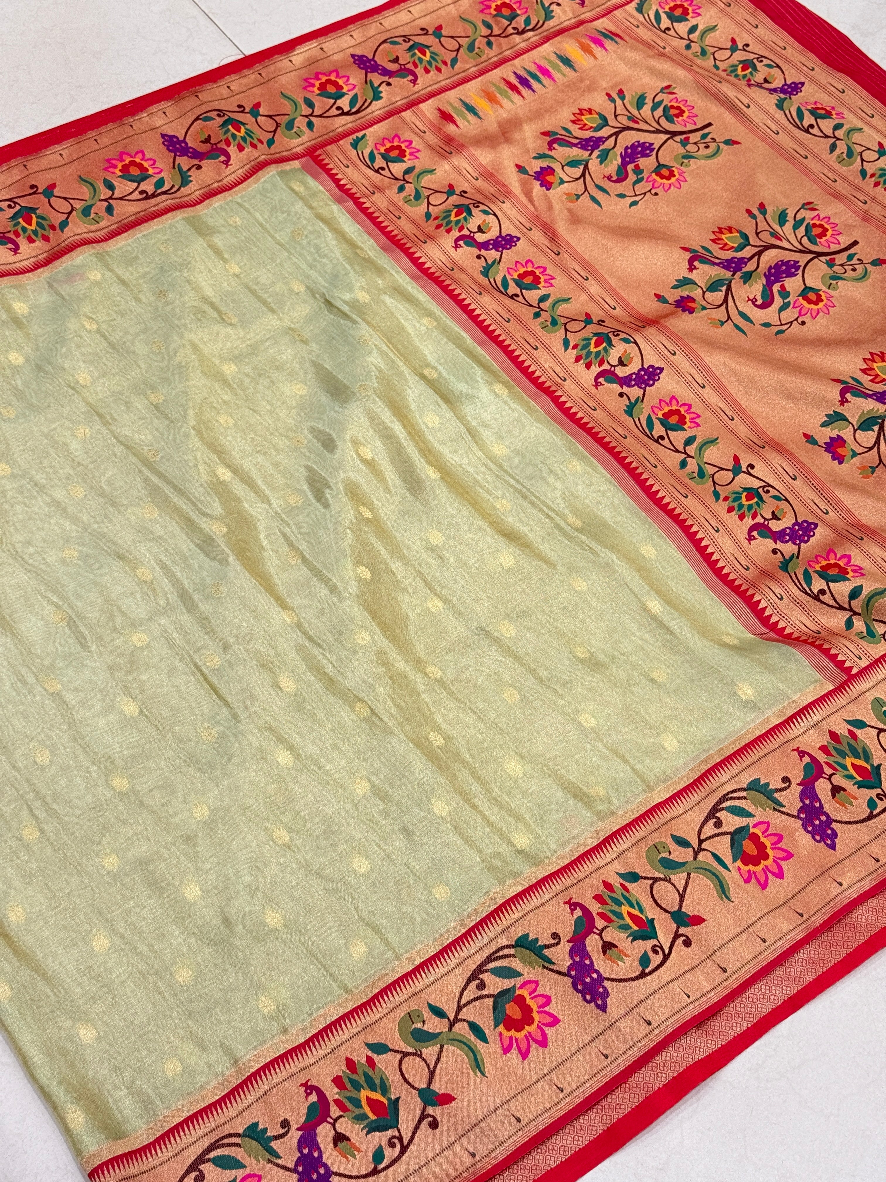 Pista Green Tissue Paithani Peacock Border Saree