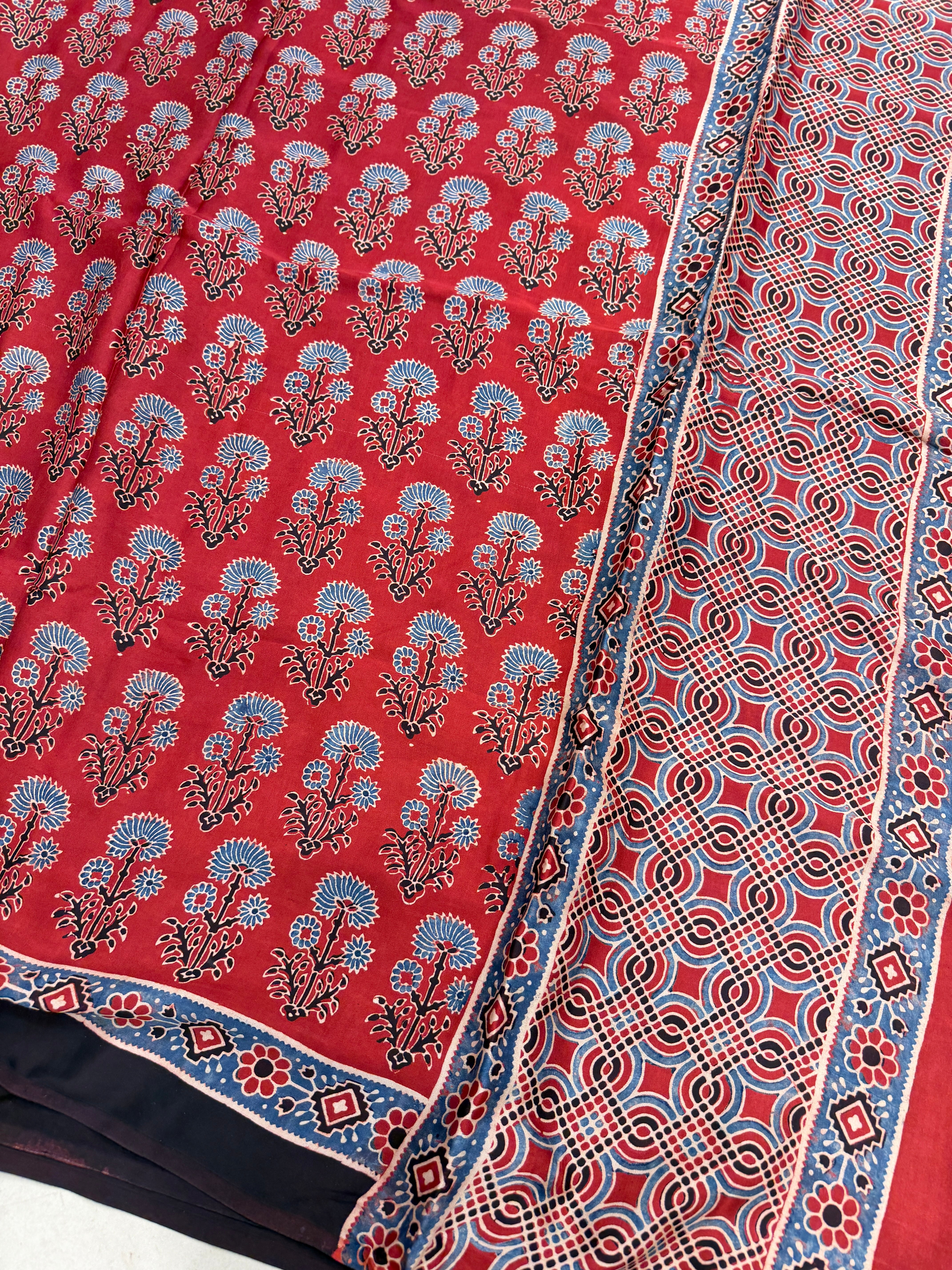 Red Buttas Ajrakh Hand Block Print Pure Gajji Silk Saree