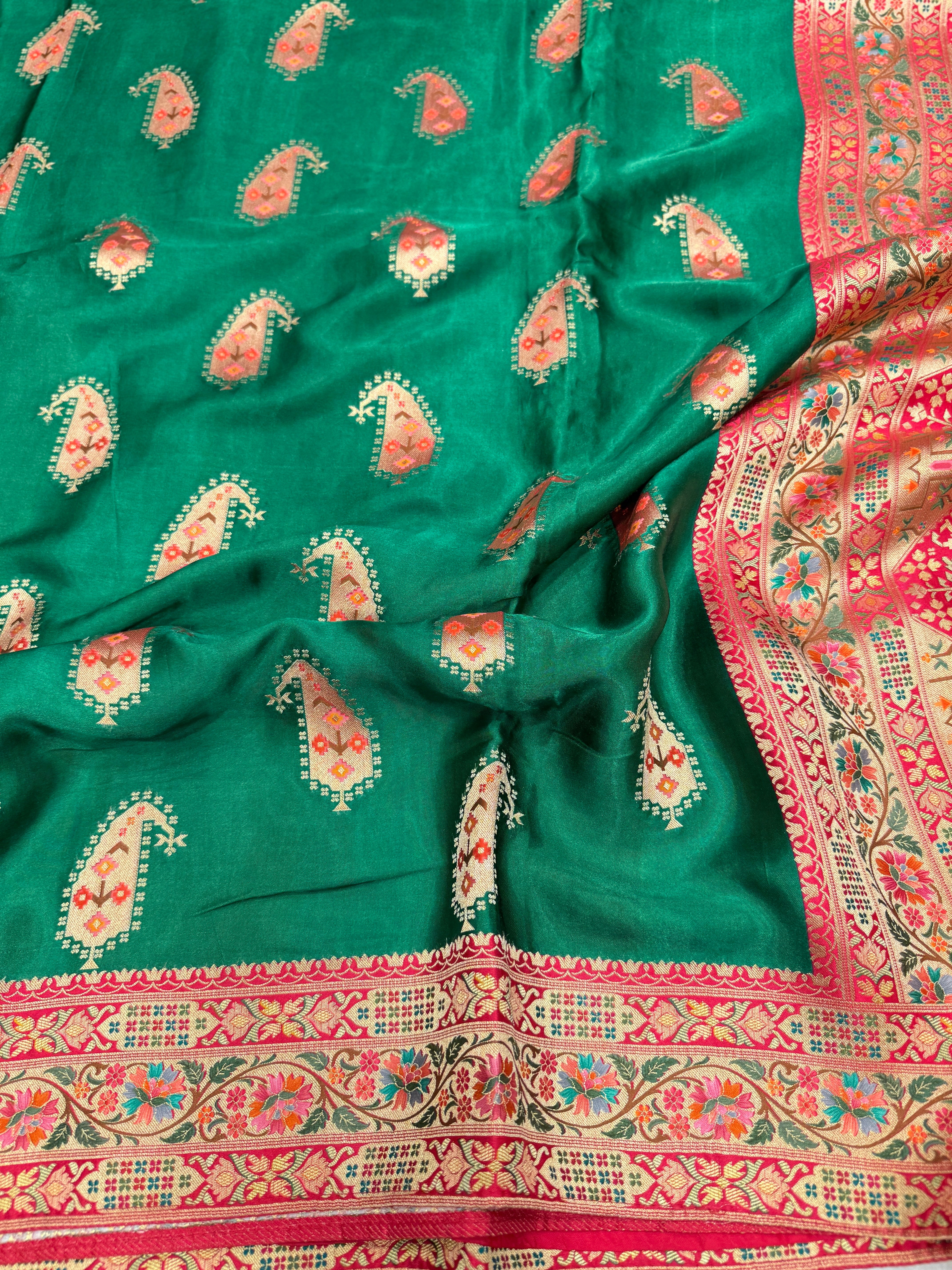 Bottle Green Banarasi Keri Butta Modal Satin Saree