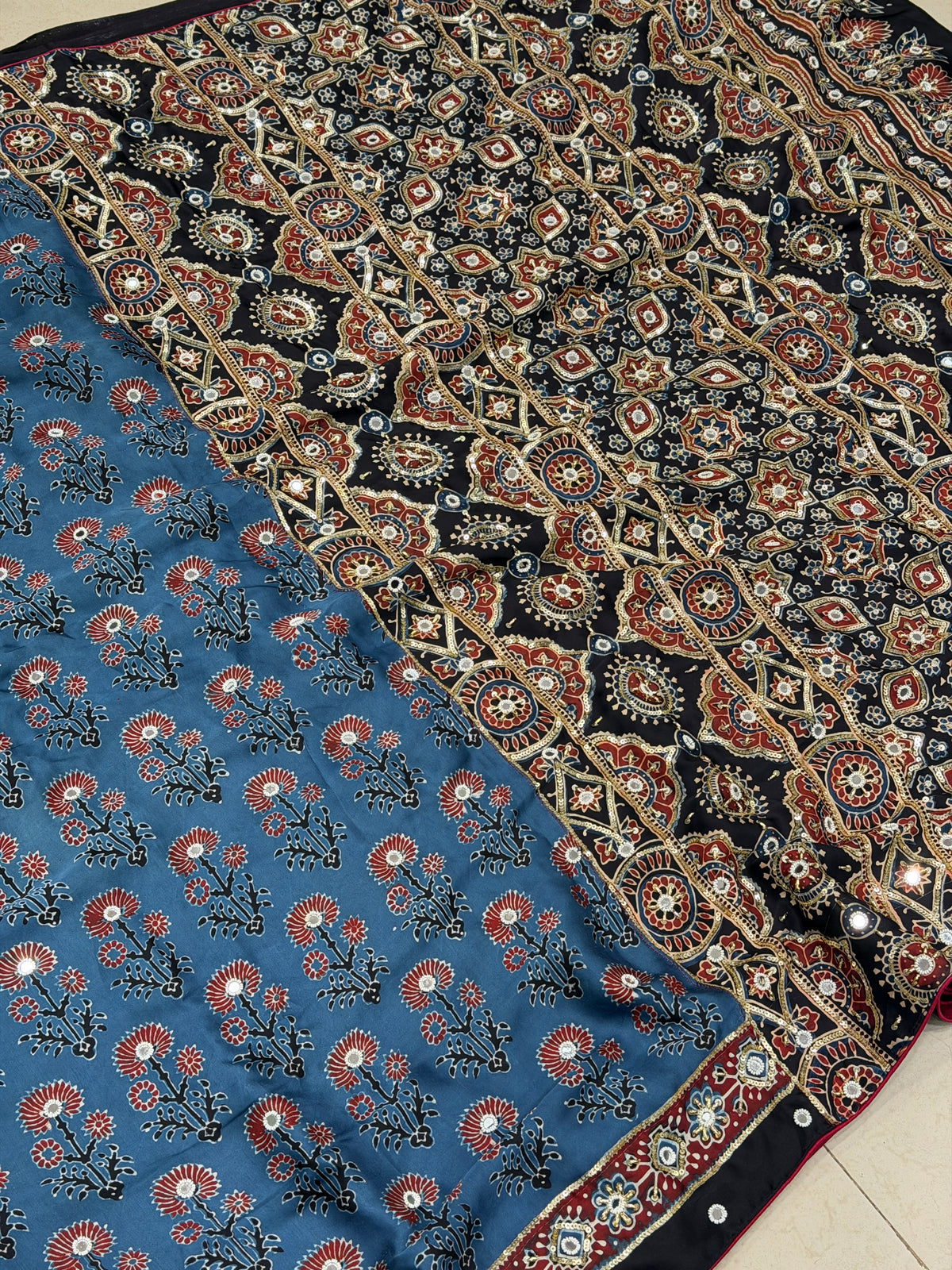 Blue Black Butta Ajrakh Real Mirror Moti Sequin Hand Embroidery Saree