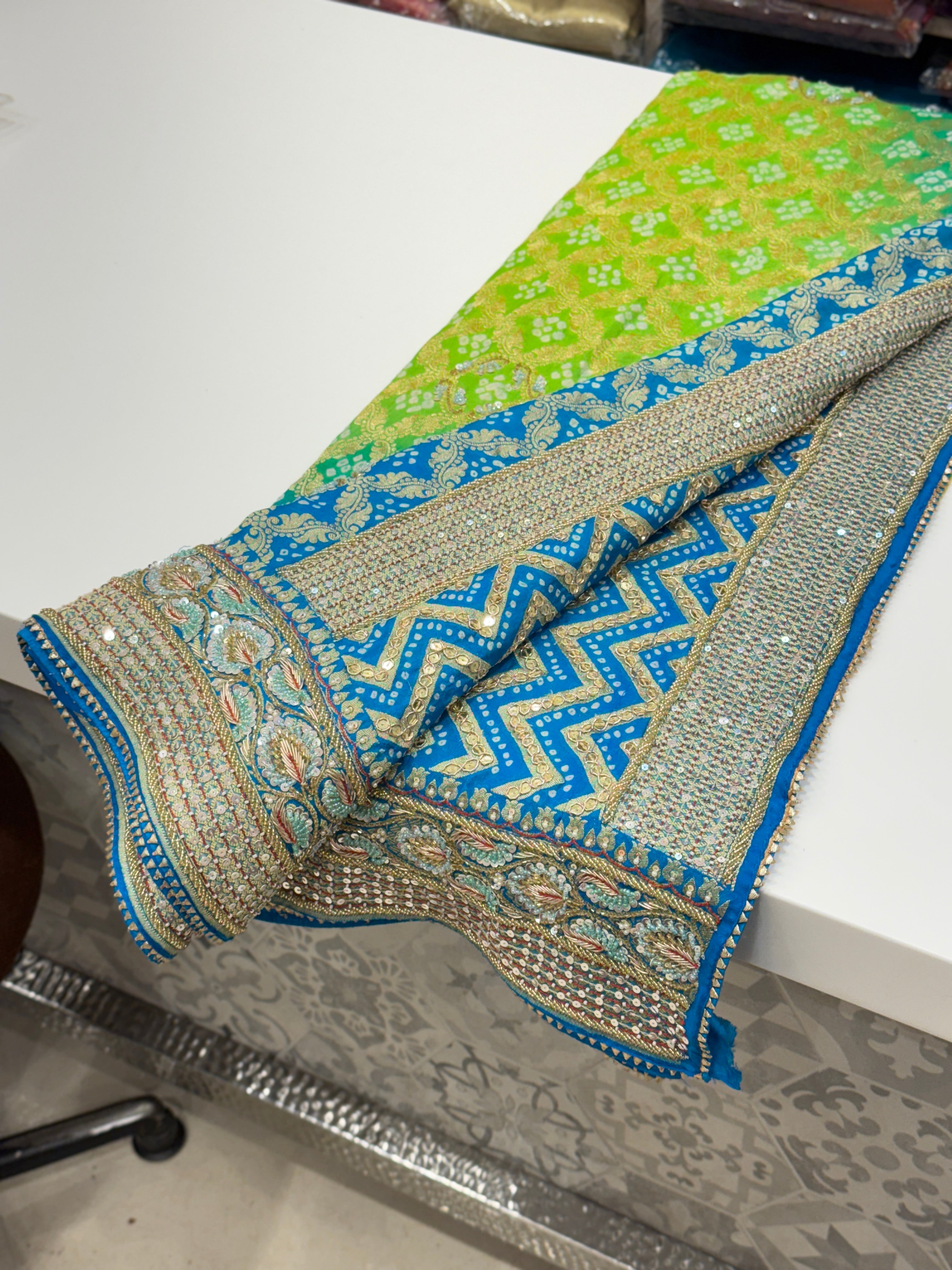 Jhanvi Kapoor Inspired Shaded Green Hand Embroidery Bandhej Saree