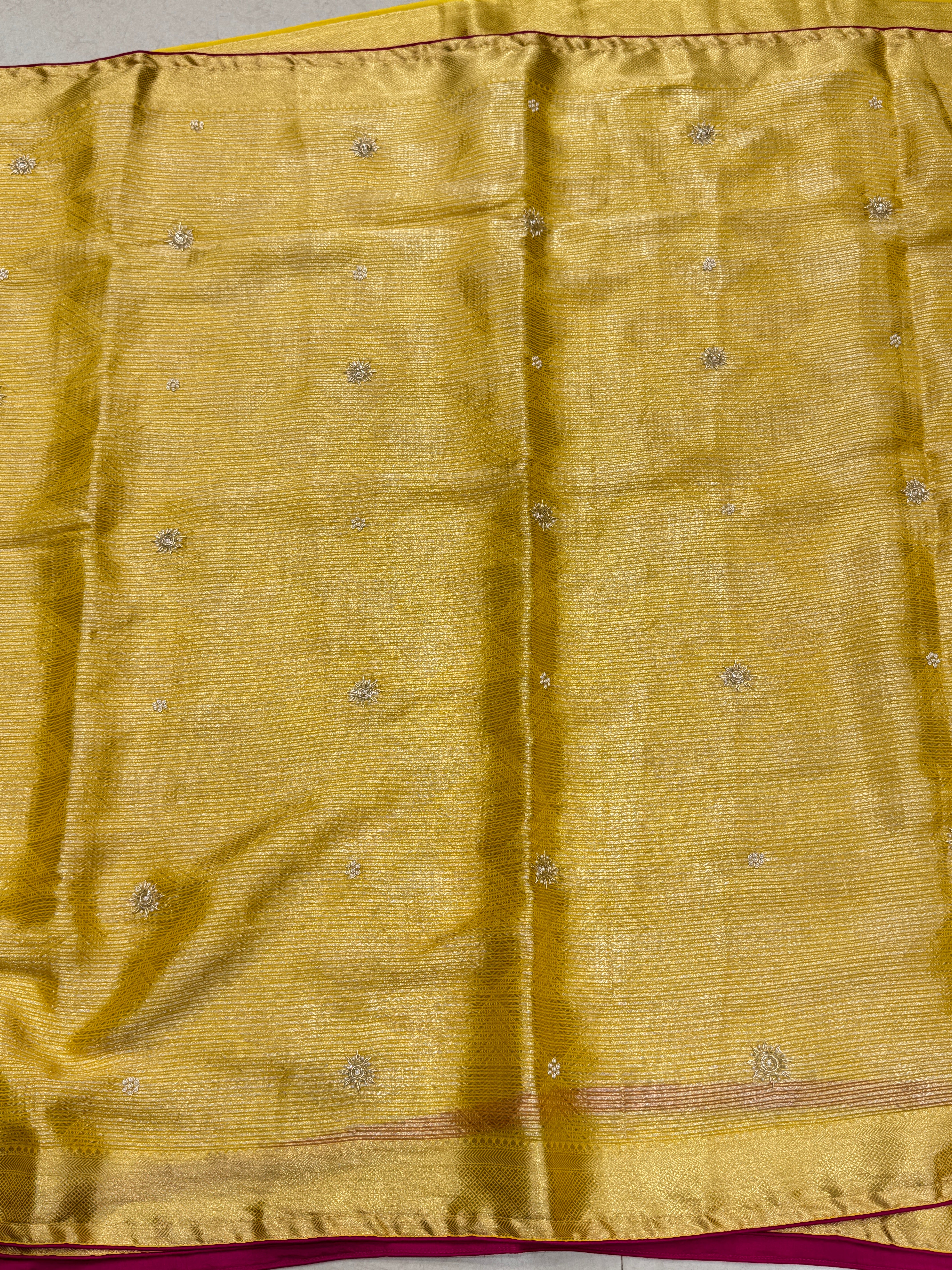 Yellow HO Silk Woven Sitara Buttis Saree With Contrast Rani Blouse