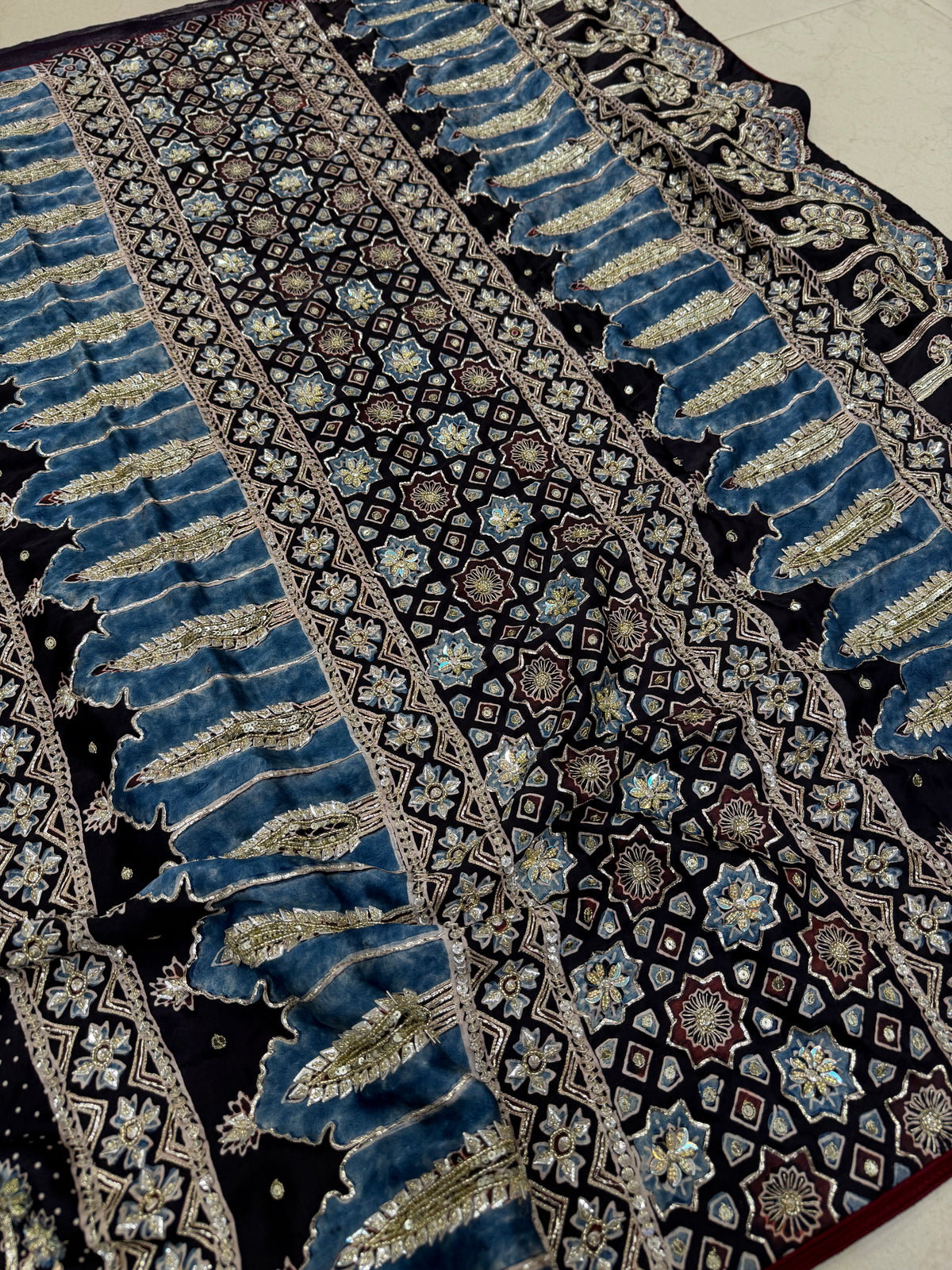 Black Buttas Pita Zardosi Sequin Ajrakh Hand Embroidery Saree