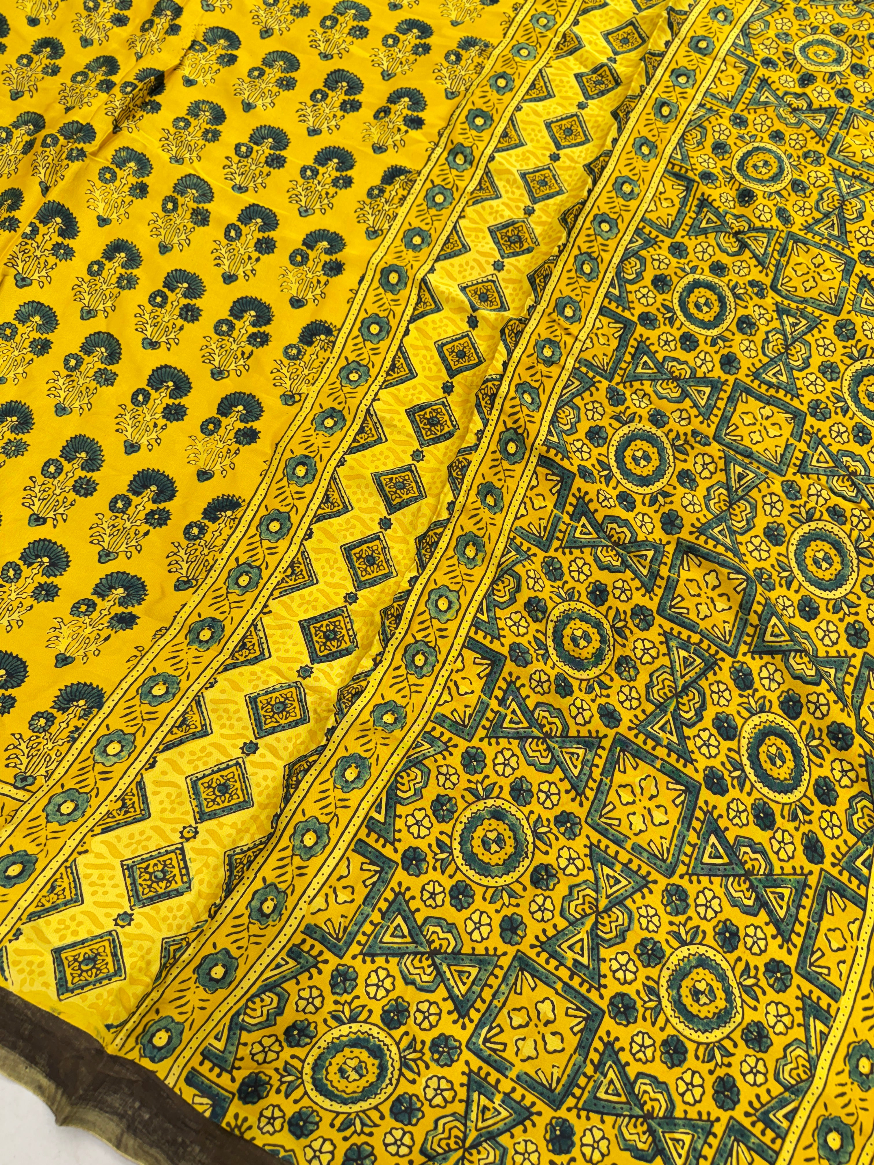 Yellow Floral Butta Ajrakh Hand Block Print Pure Gajji Silk Saree