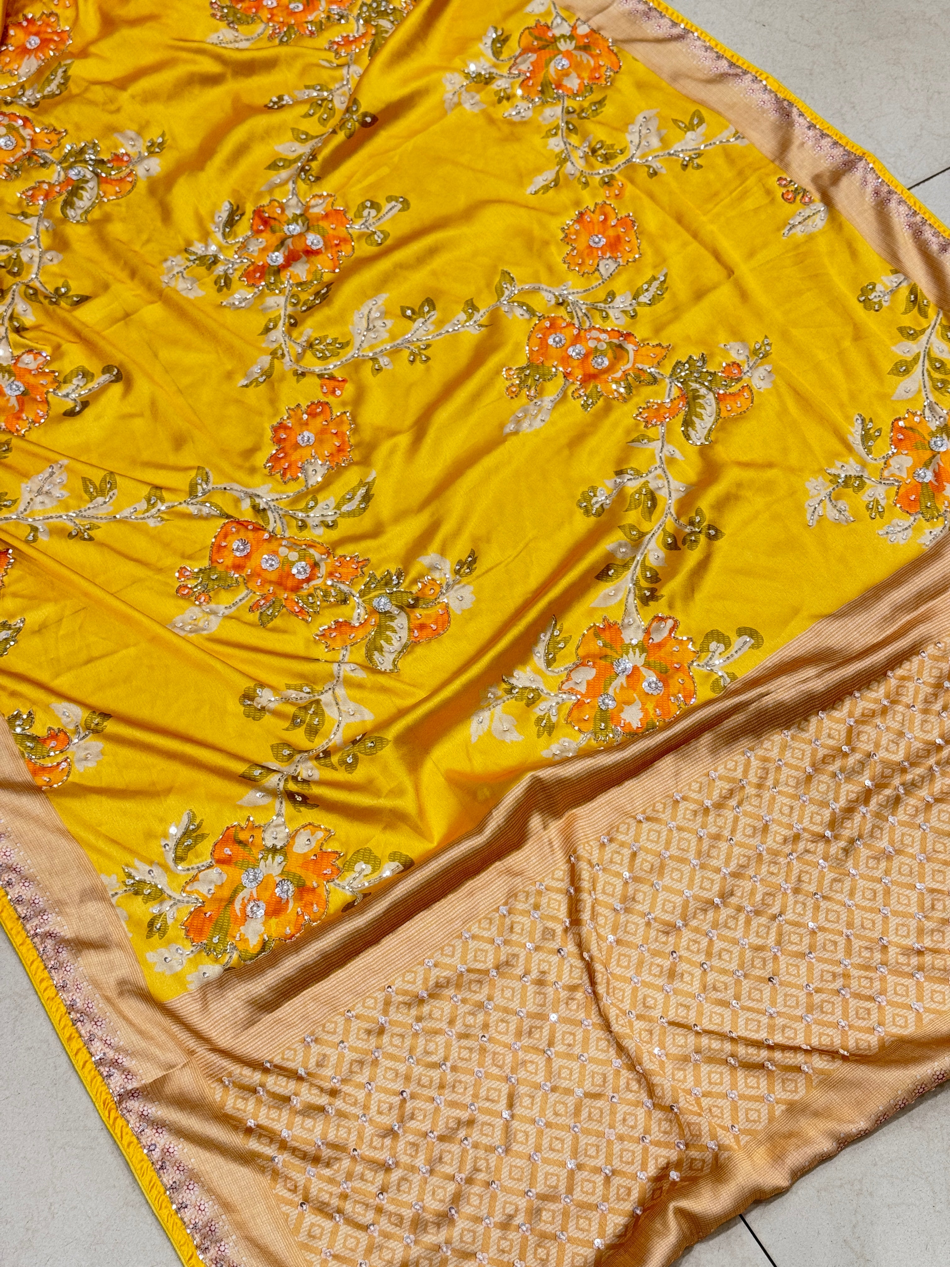 Yellow Satin Floral Print Hand Embroidery Saree