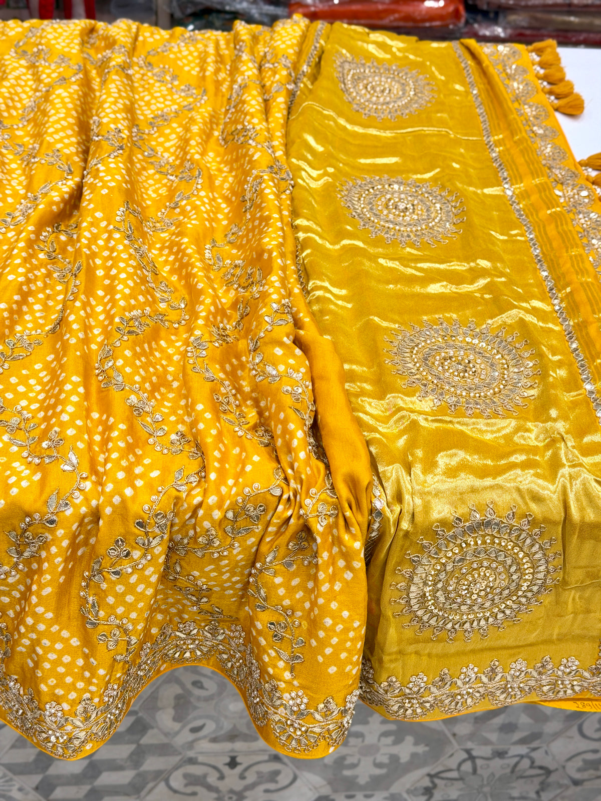 Yellow Jaal Faabiiana Inspired Gajji Silk Rai Bandhej Gotapatti Marodi Hand Embroidery Saree