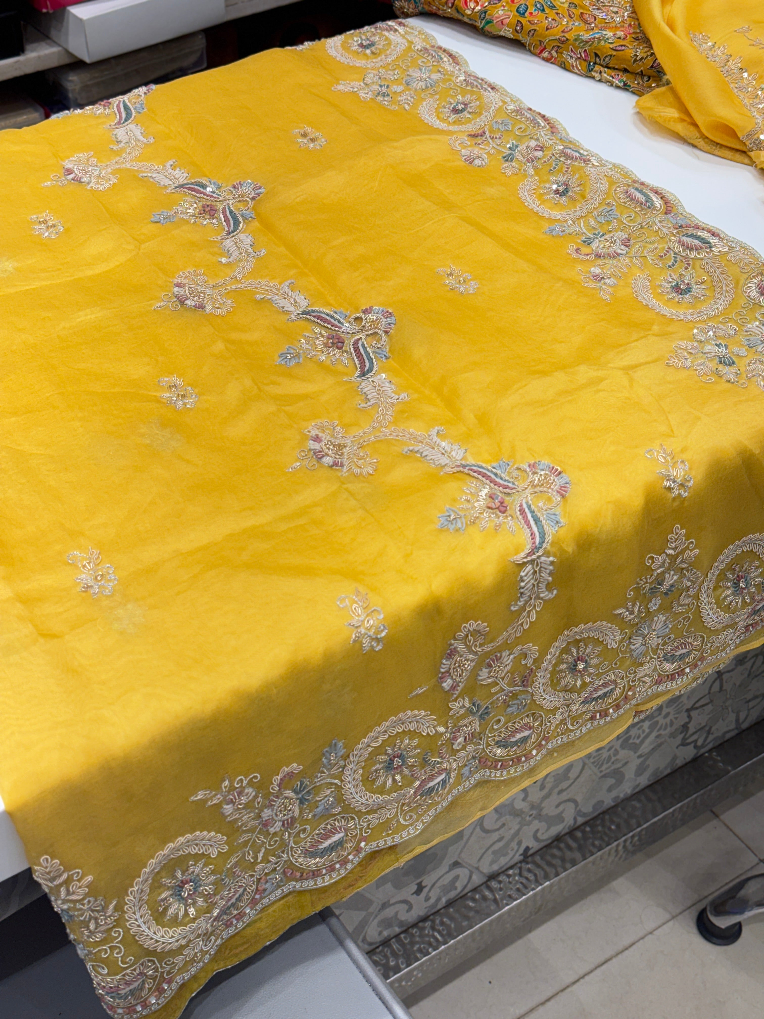Yellow Organza Zardosi Resham Embroidery Saree