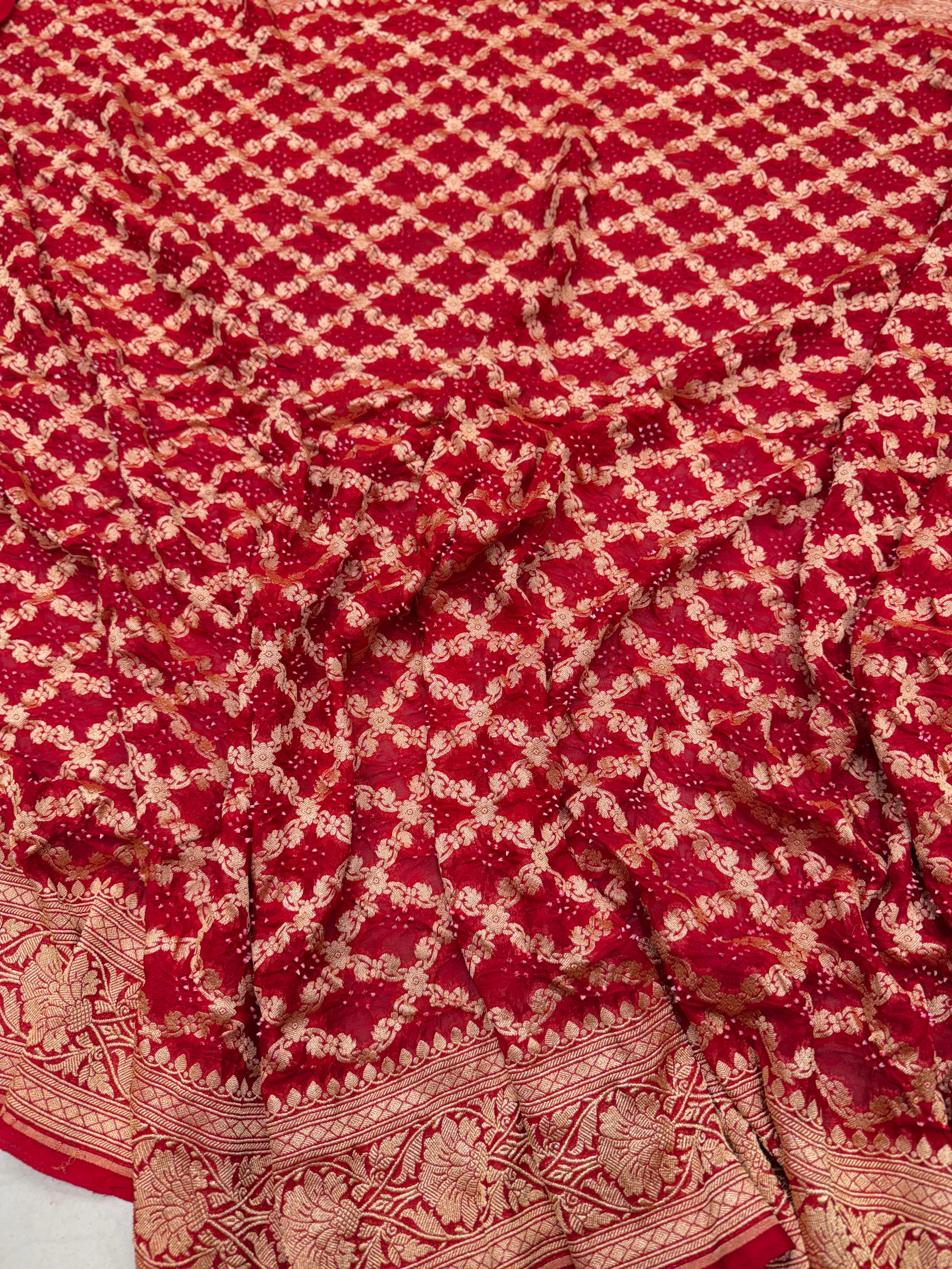 Red Bandhej Big Flower Border Bandhini Saree