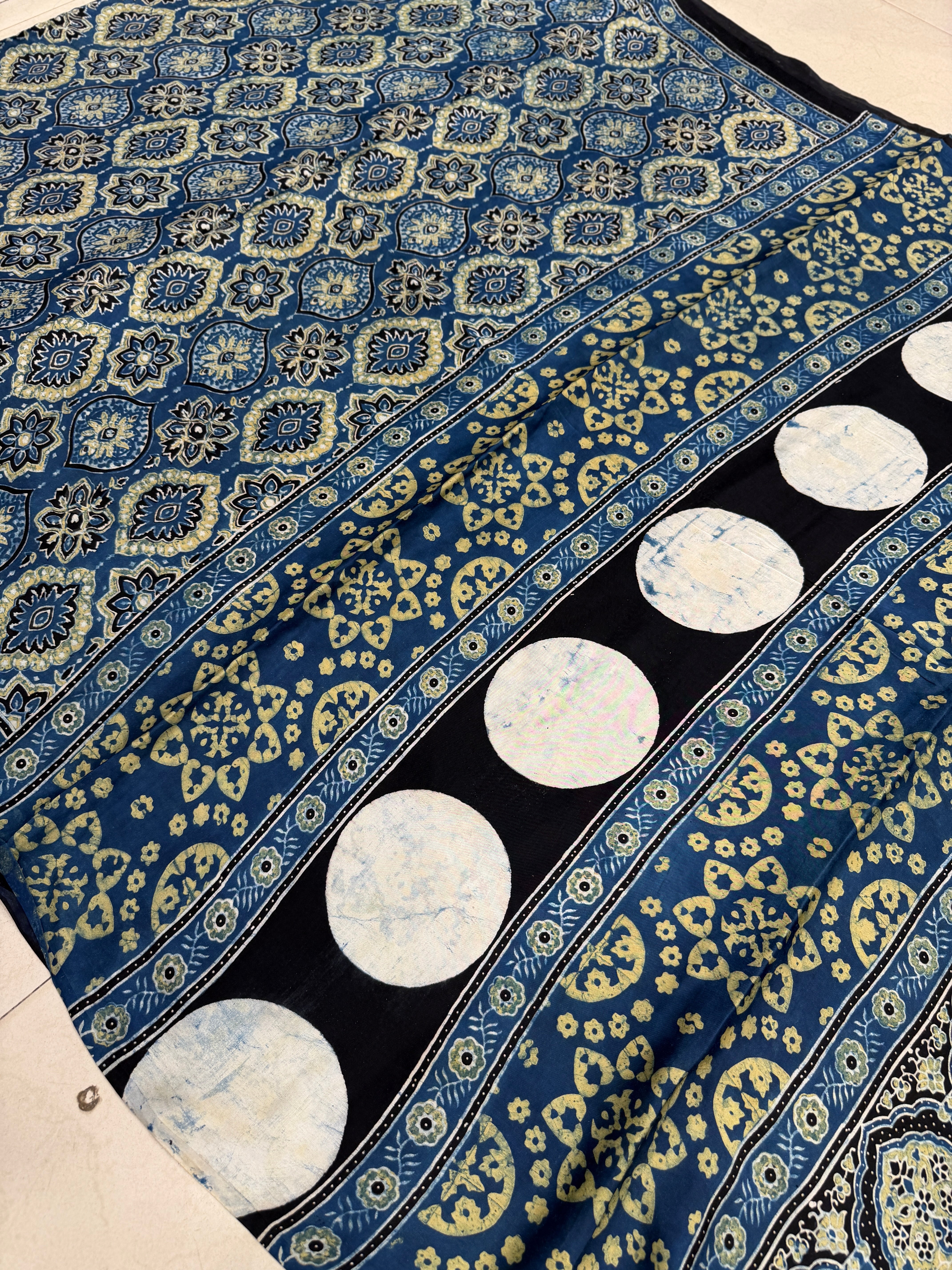 Blue Yellow Badam Jaal Ajrakh Hand Block Print Pure Gajji Silk Saree