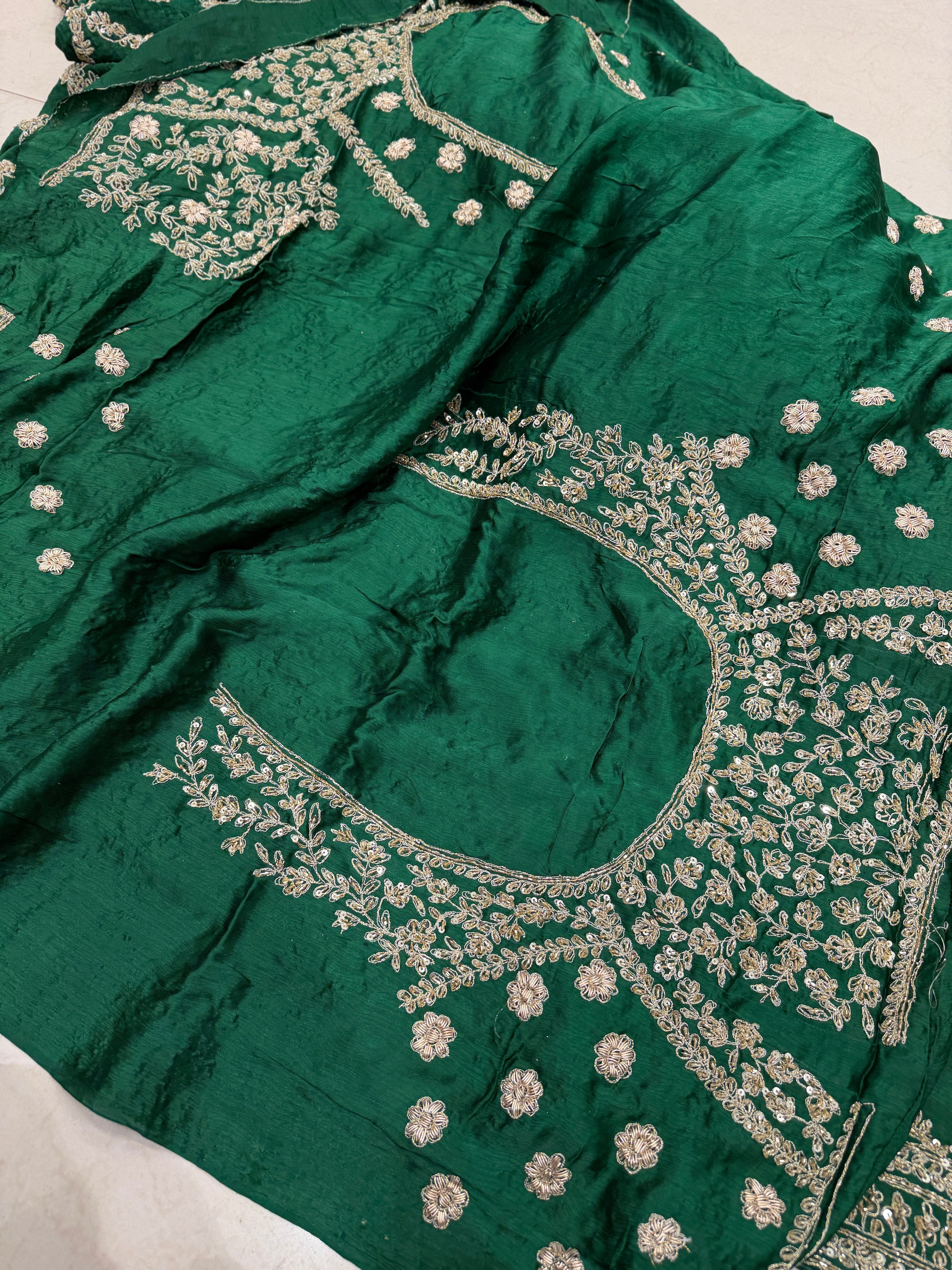 Bottle Green Crepe Satin Sabyasachi Inspired Zardosi Jaal Embroidery Saree