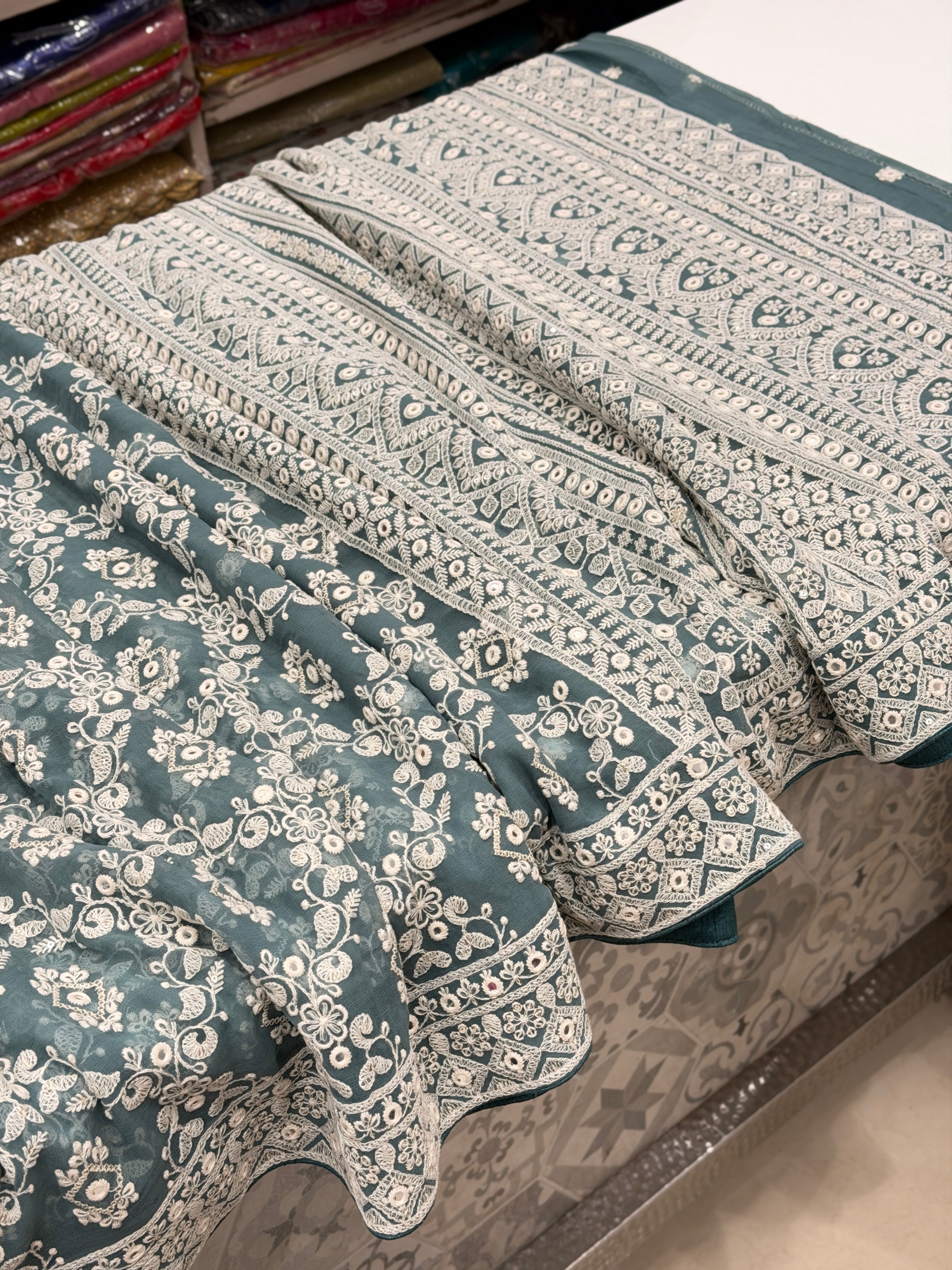 Mint Green Chikankari Jaal Georgette Resham Embroidery Saree