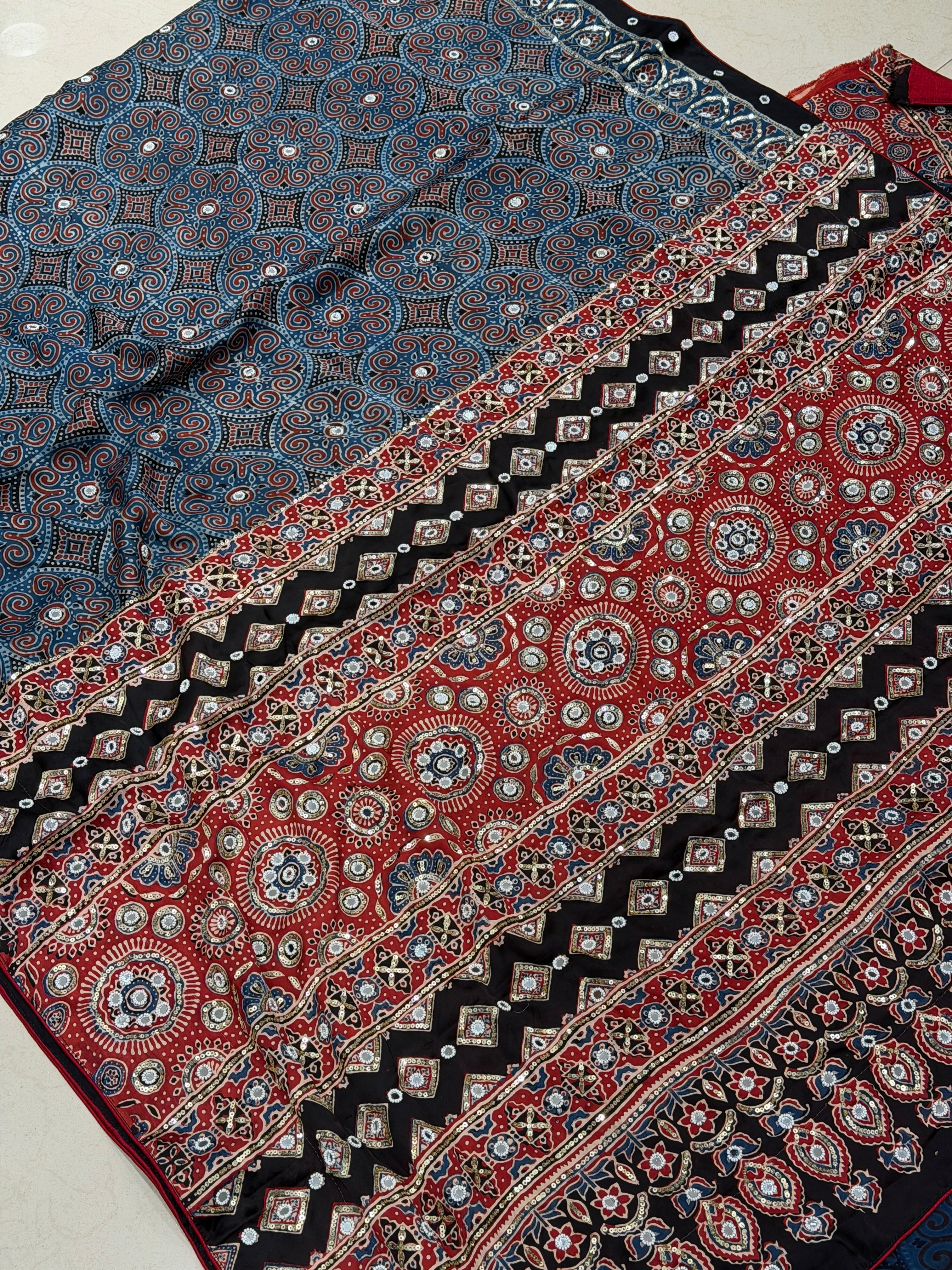 Blue Red Ajrakh Real Mirror Resham Hand Embroidery Saree