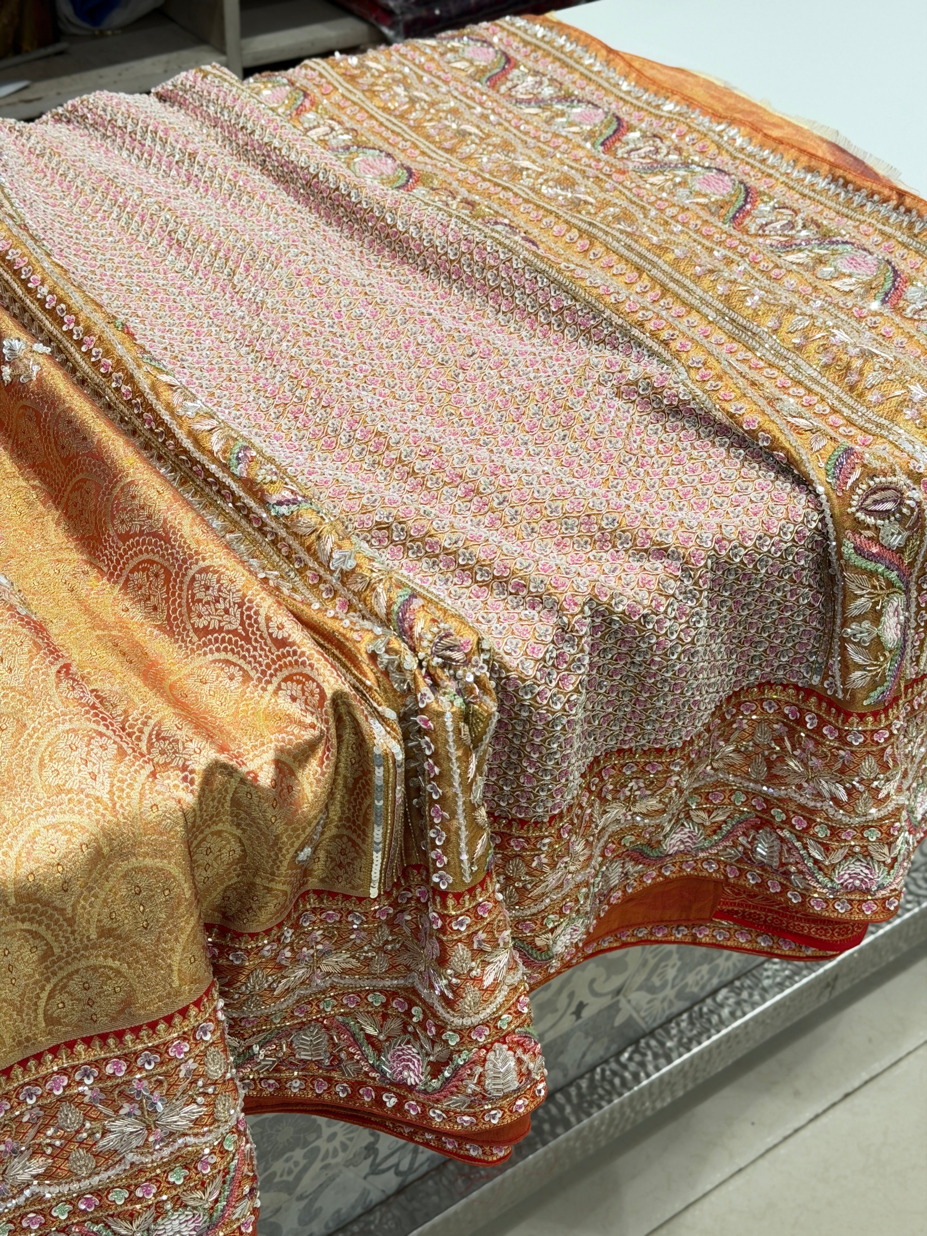 Red Jaal Tissue Kanjivaram Hand Embroidery Saree