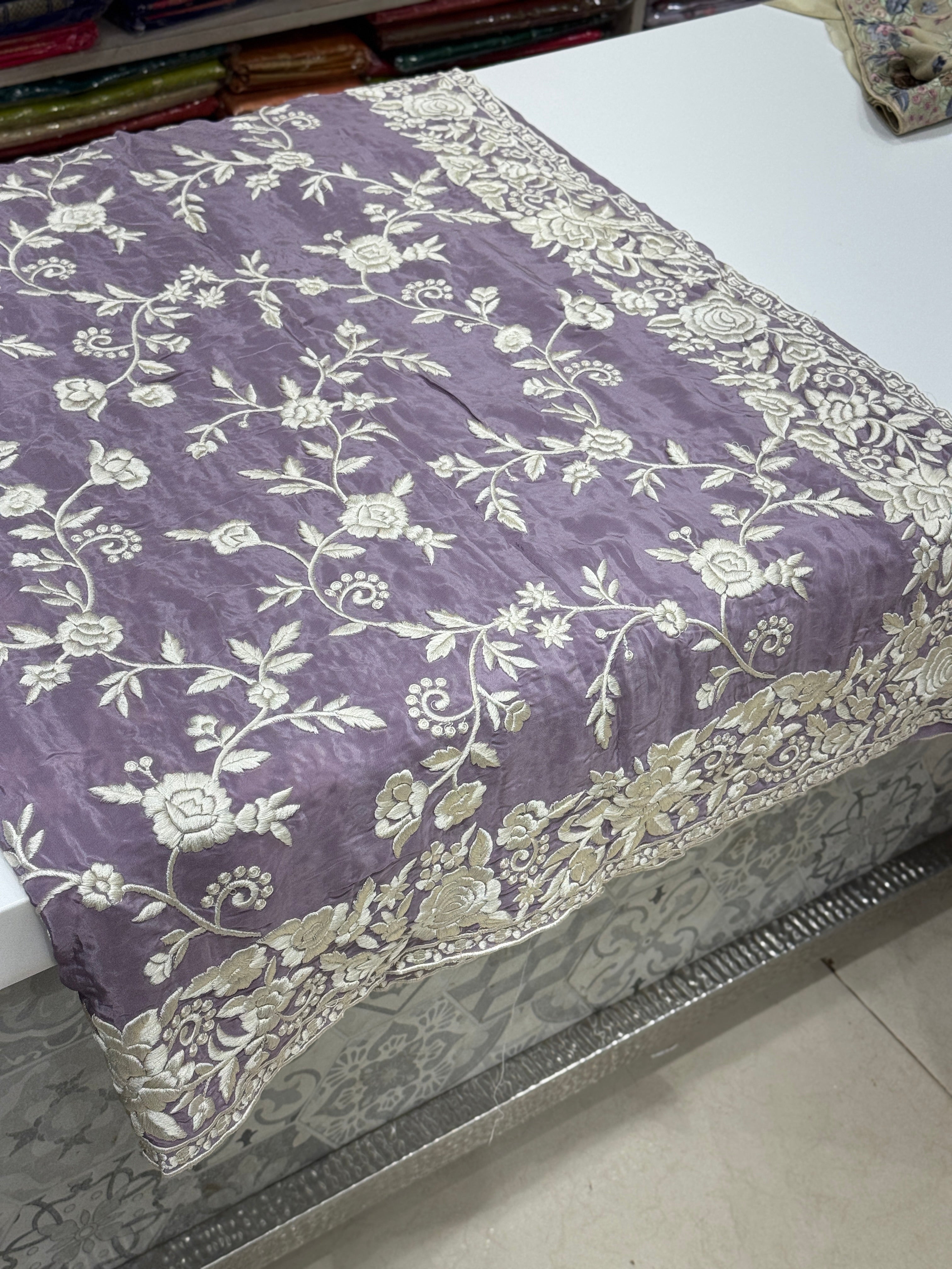 Lilac Crepe Floral Parsi Gara Saree