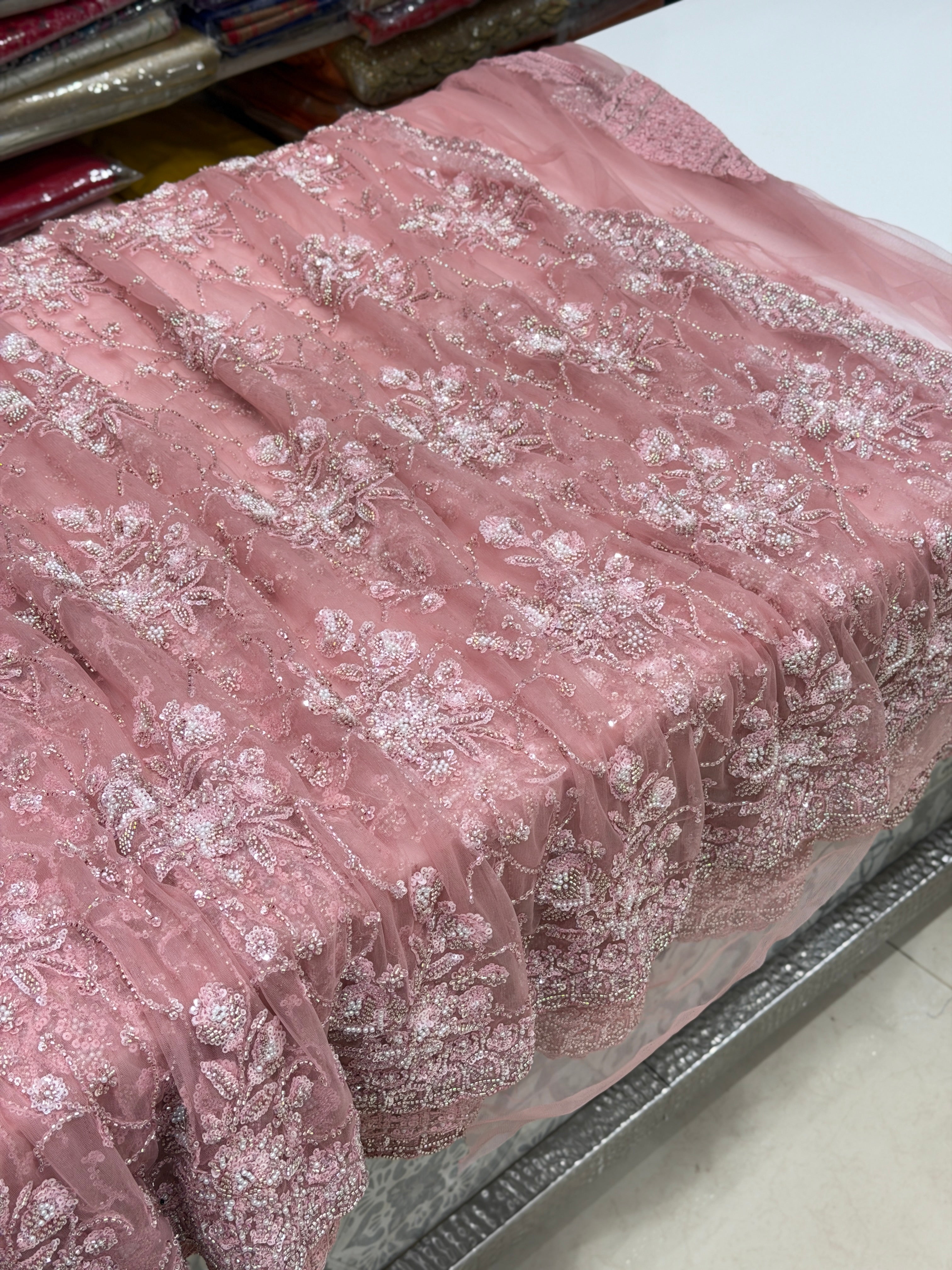 Pink Moti Sequin Heavy Soft Net Embroidery Saree