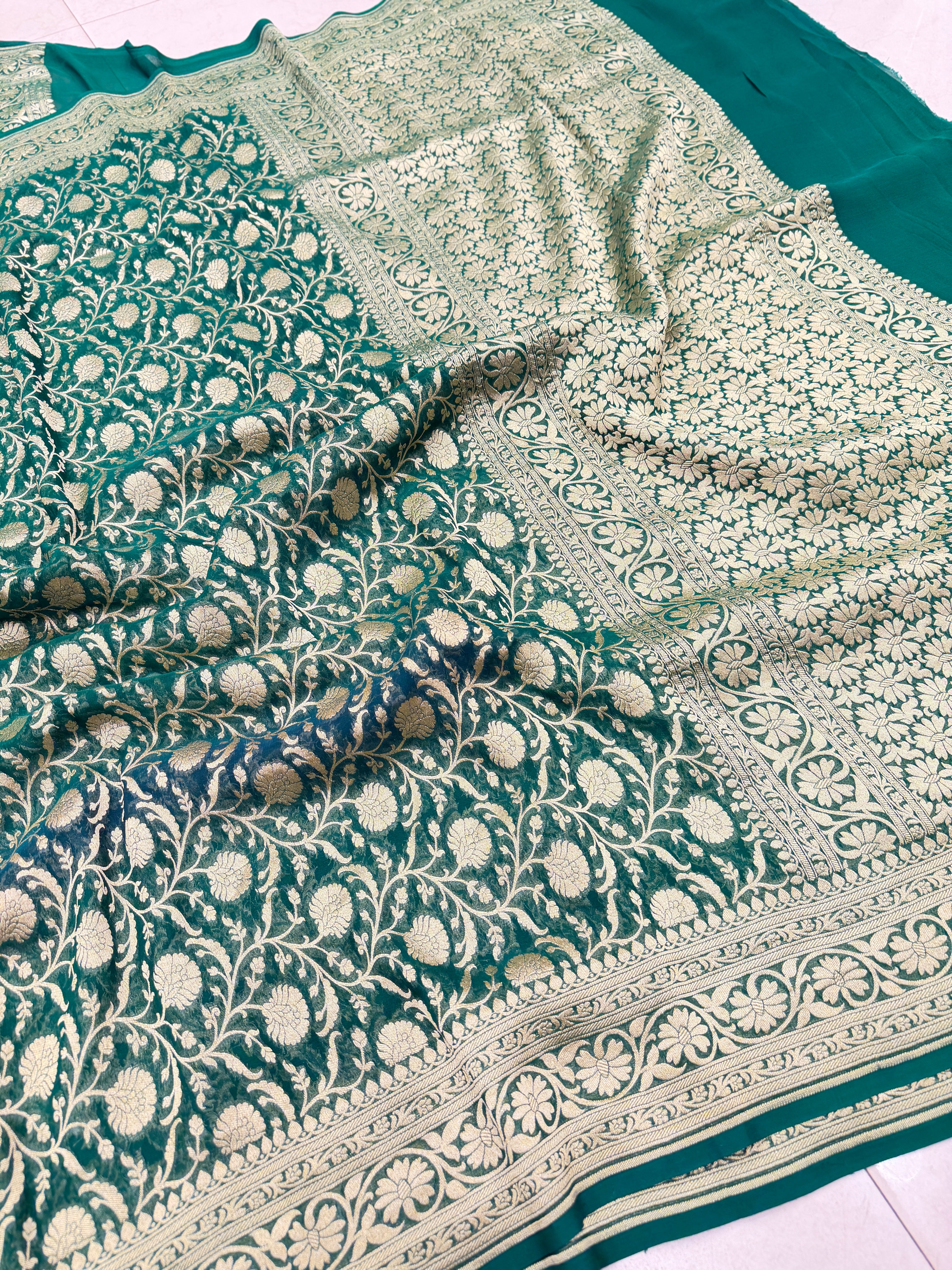 Bottle Green Mughal Jaal Handloom Banarasi Khaddi Georgette Saree