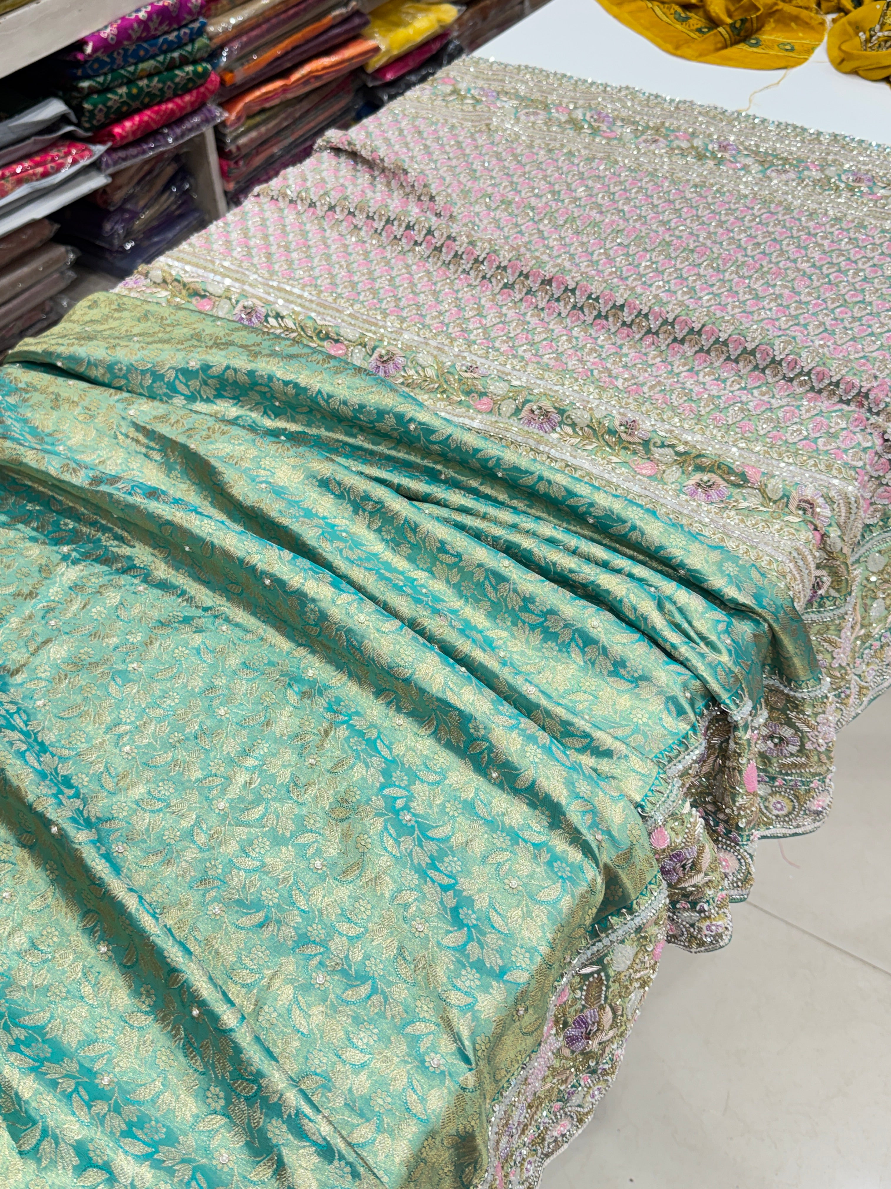 Pista Green Floral Tissue Kanjivaram Hand Embroidery Saree