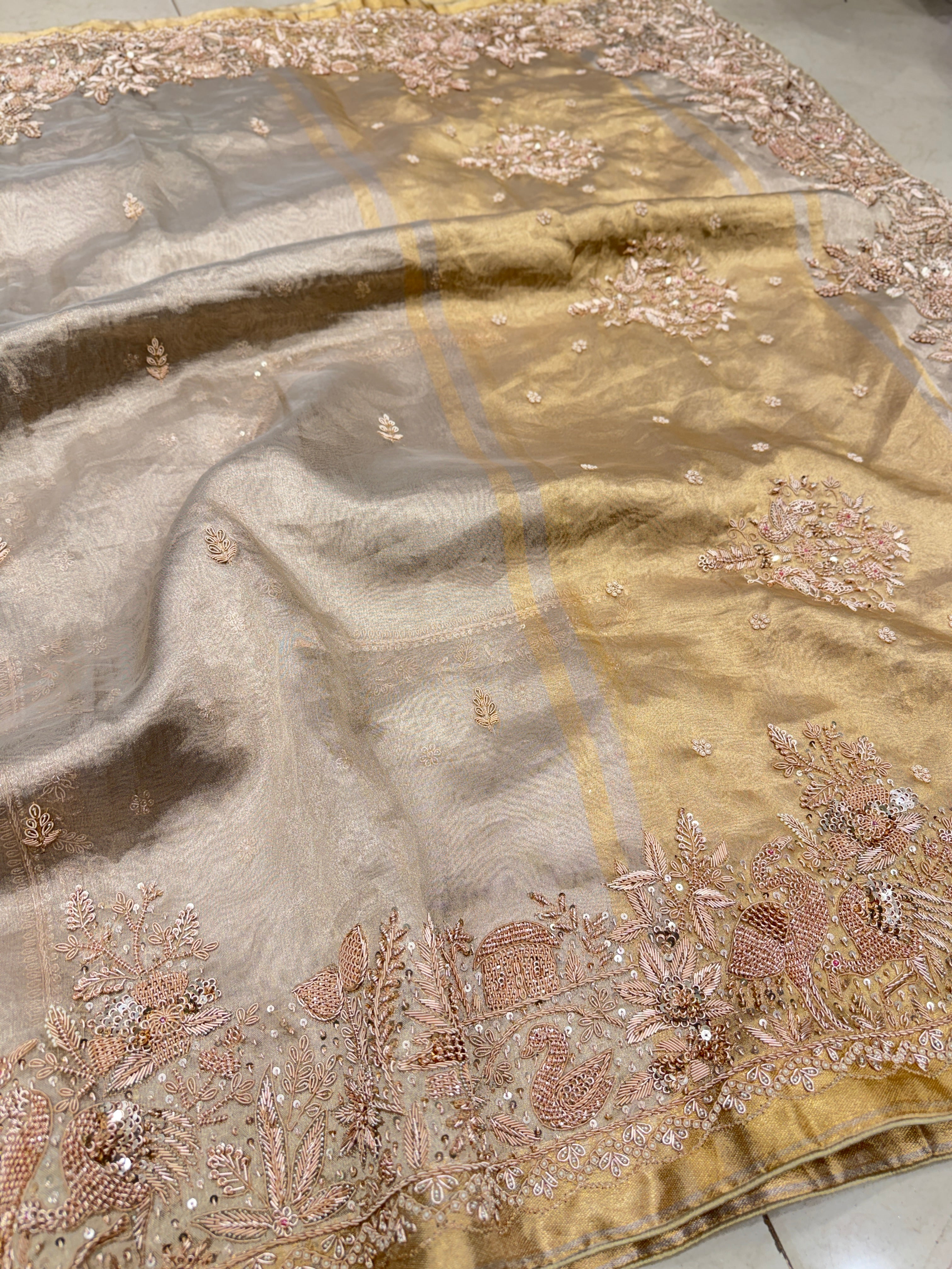 Tissue Parsi Style Zardosi Hand Embroidery Saree