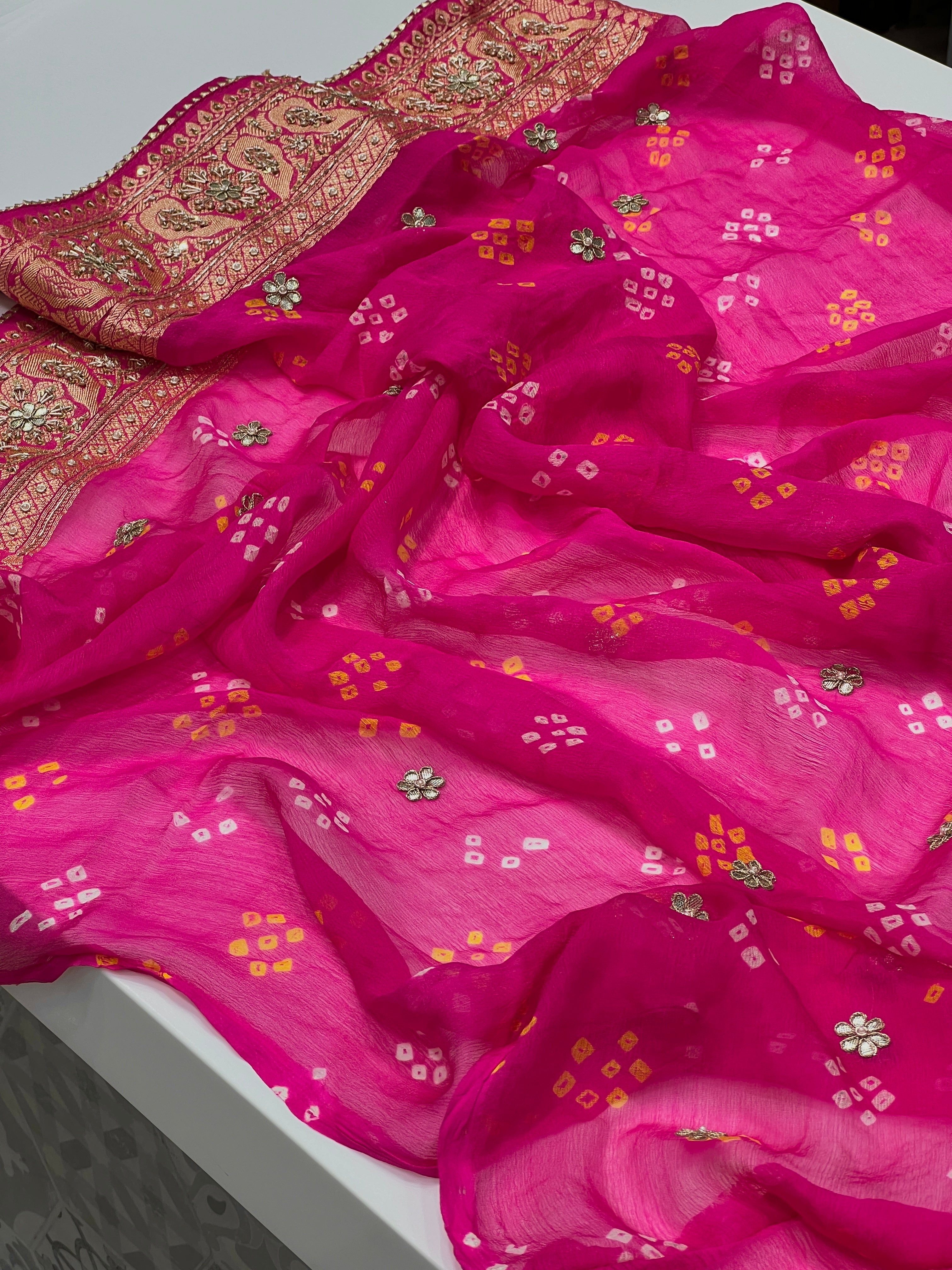 Pink Bandhej Intricate Hand Done Zardosi Saree