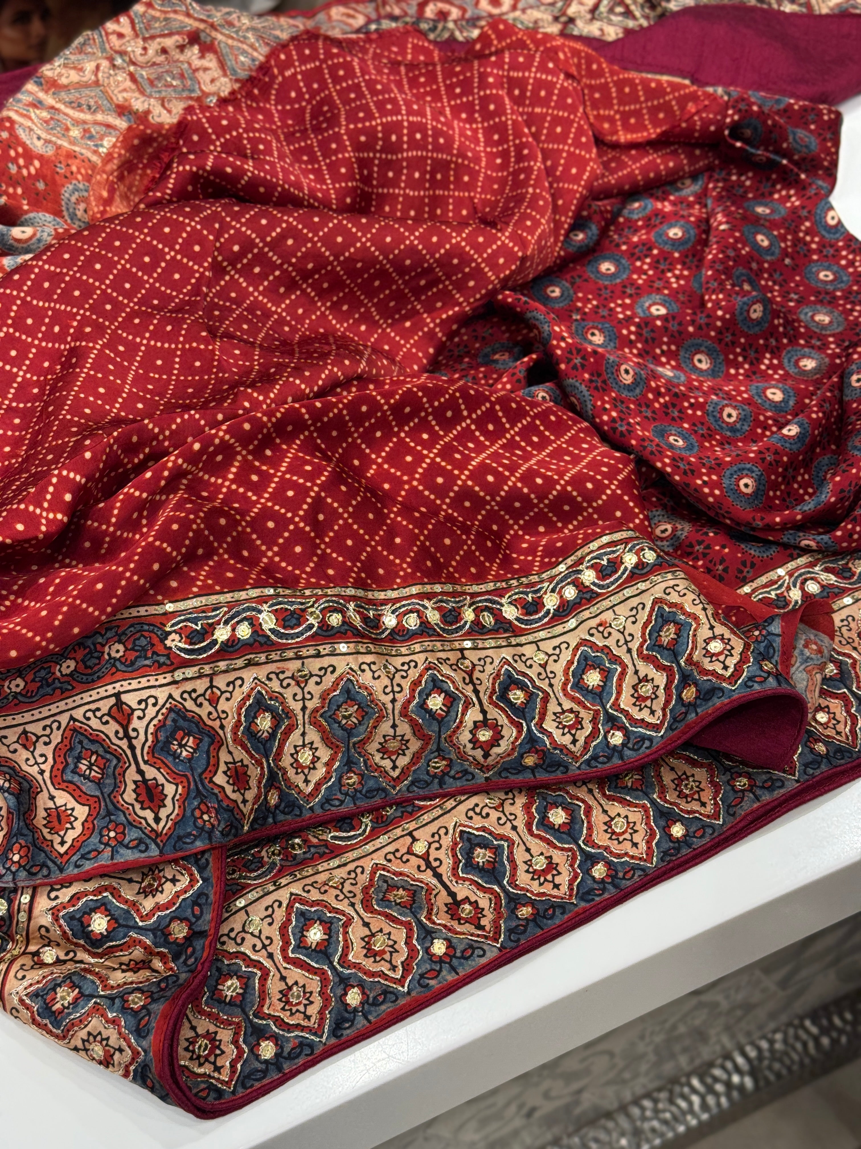 Red Blue Buttis Pita Zardosi Sequin Ajrakh Hand Embroidery Saree