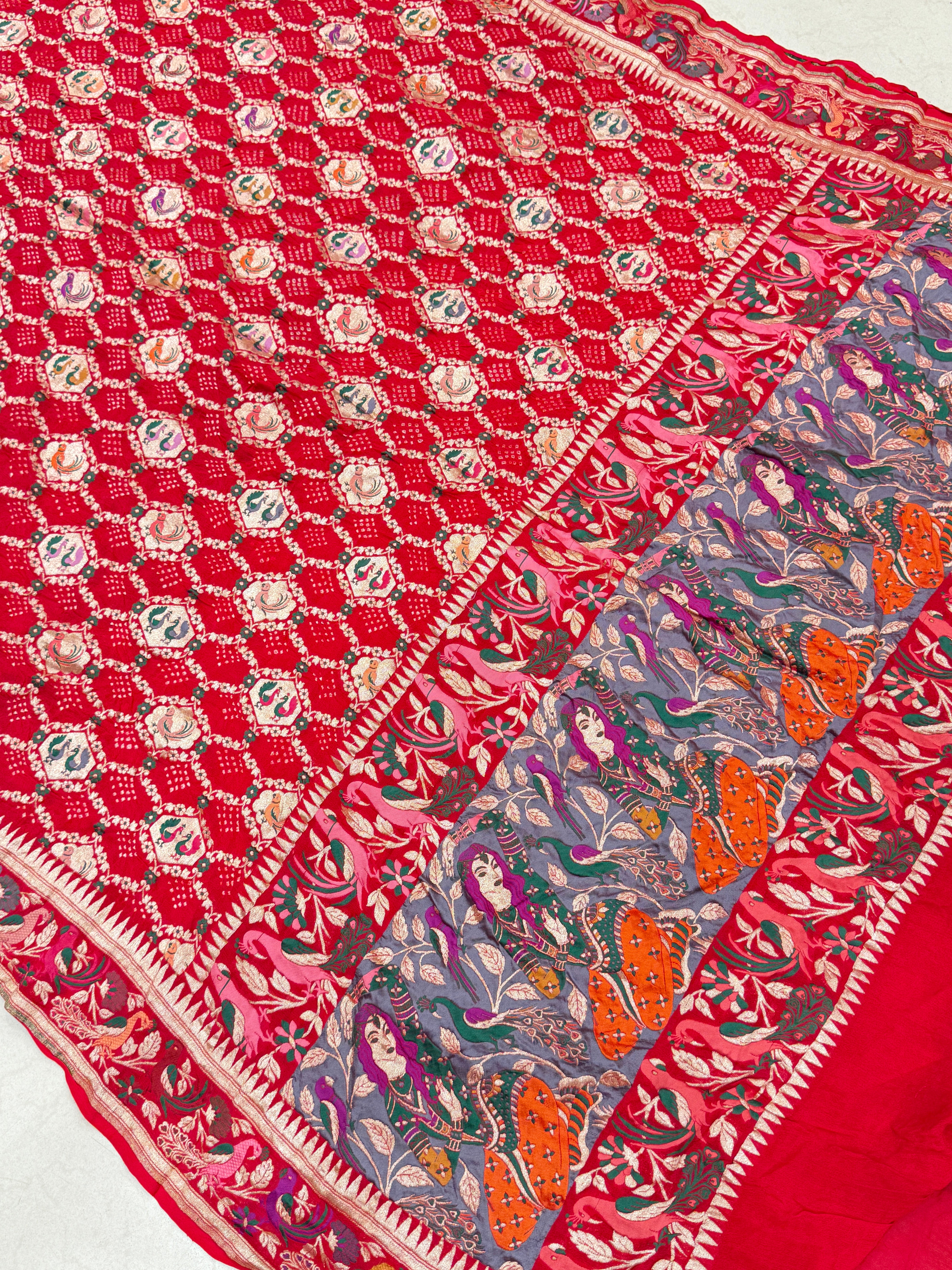 Red Paithani Style Meenakari Rai Bandhej Georgette Bandhini Saree