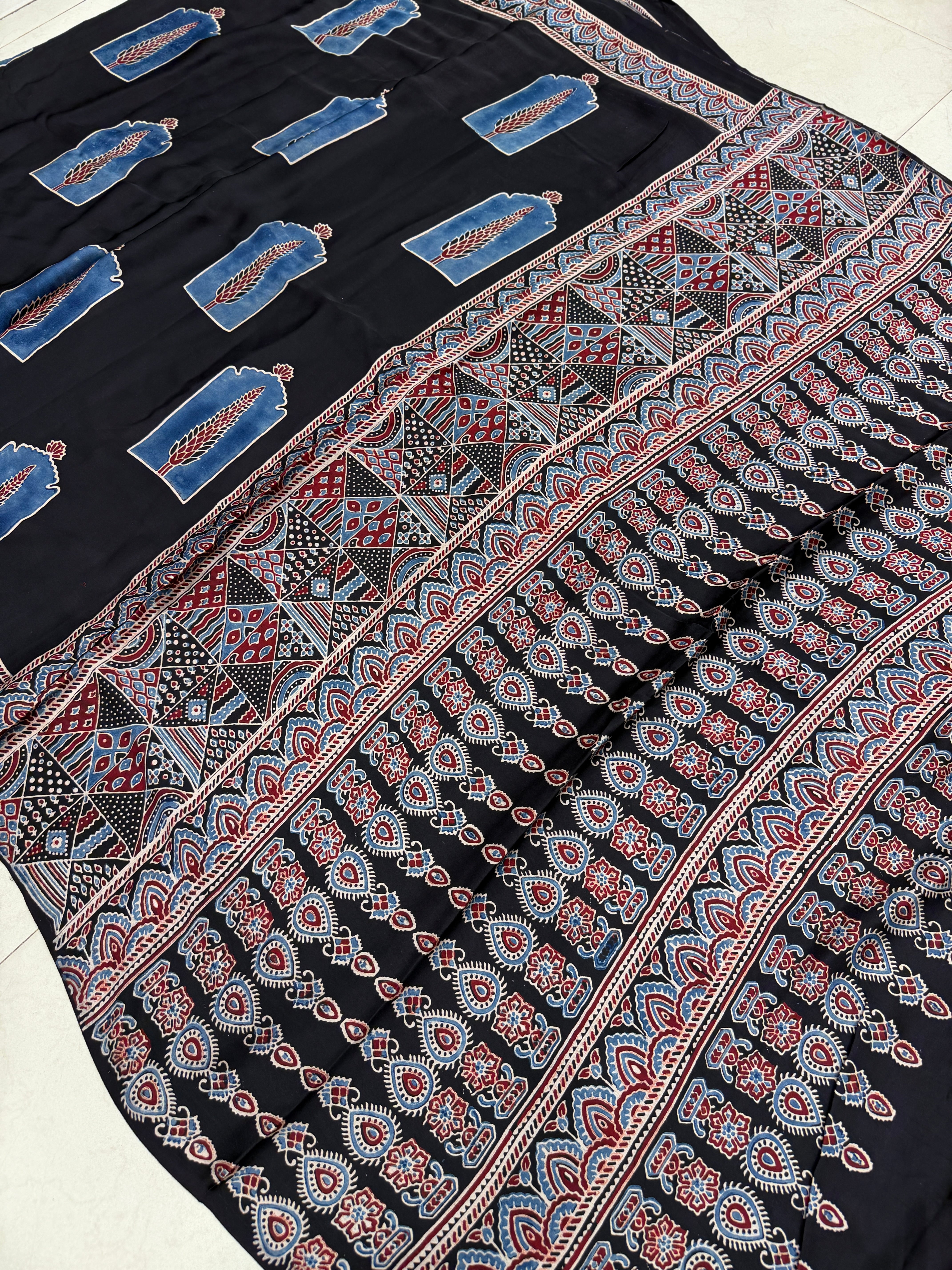 Black Contemporary Buttas Ajrakh Hand Block Print Pure Gajji Silk Saree