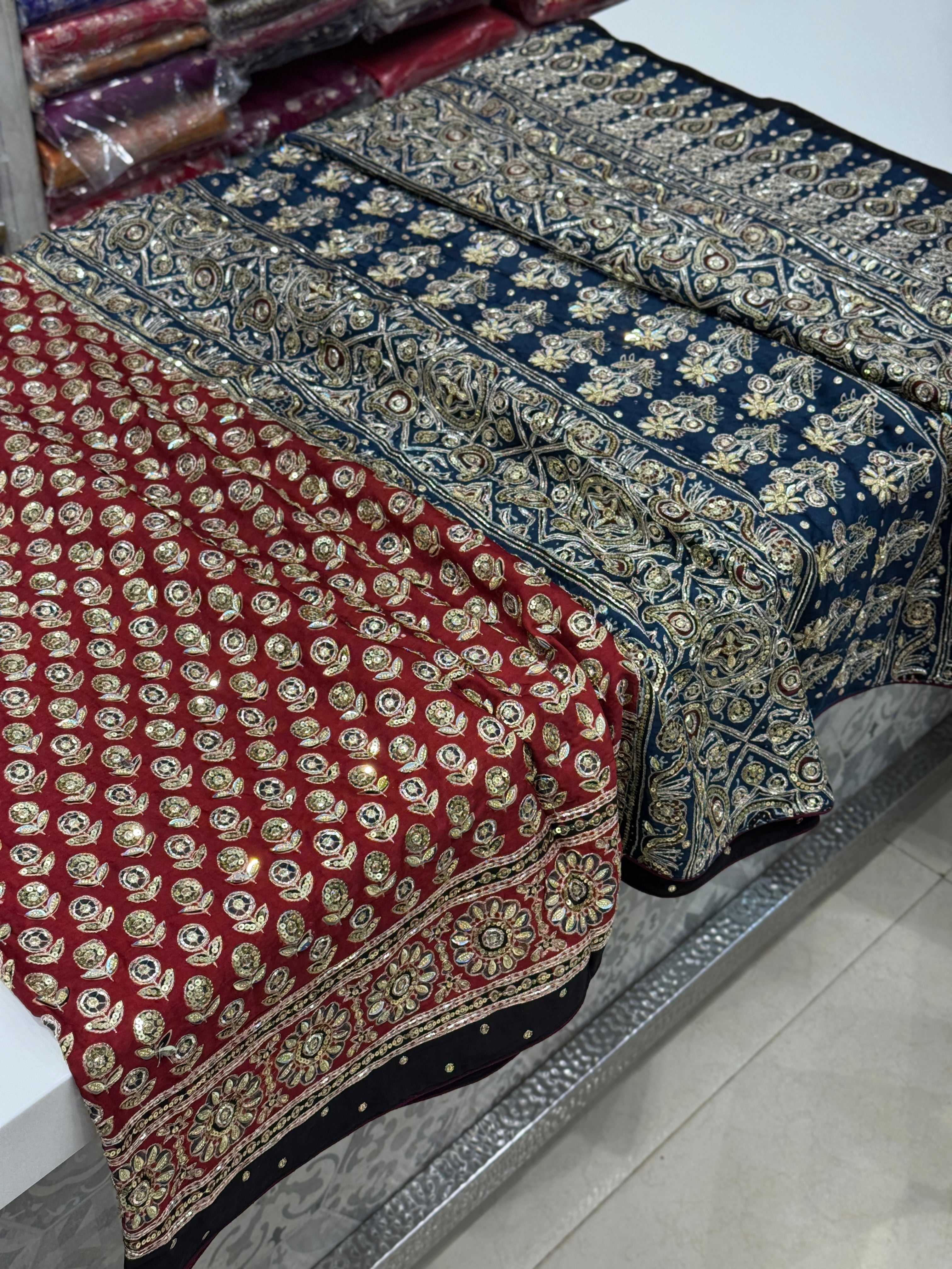 Red Buttis Pita Zardosi Sequin Ajrakh Hand Embroidery Saree