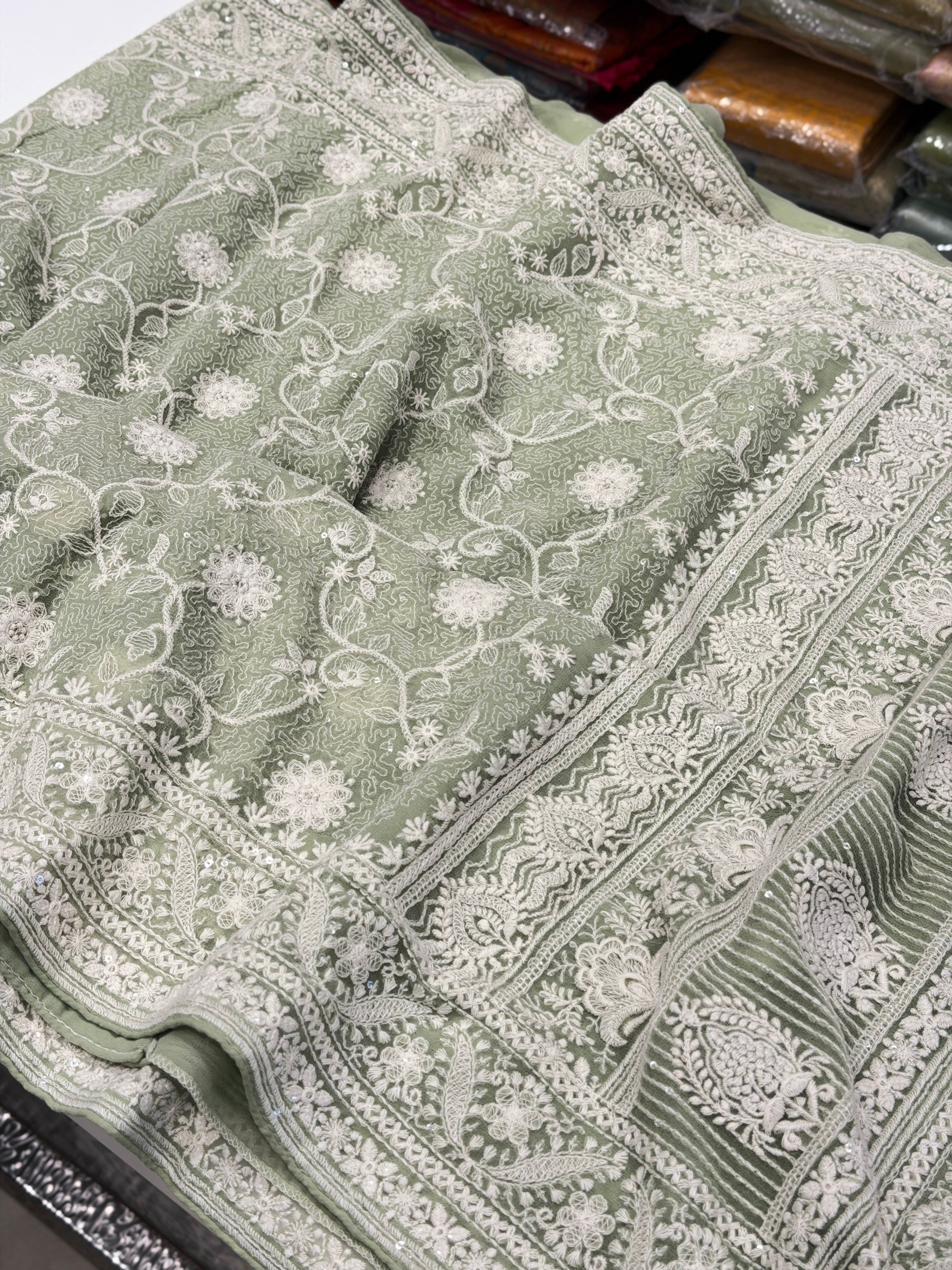 Pista Green Georgette Chikankari Line Jaal Resham Embroidery Saree