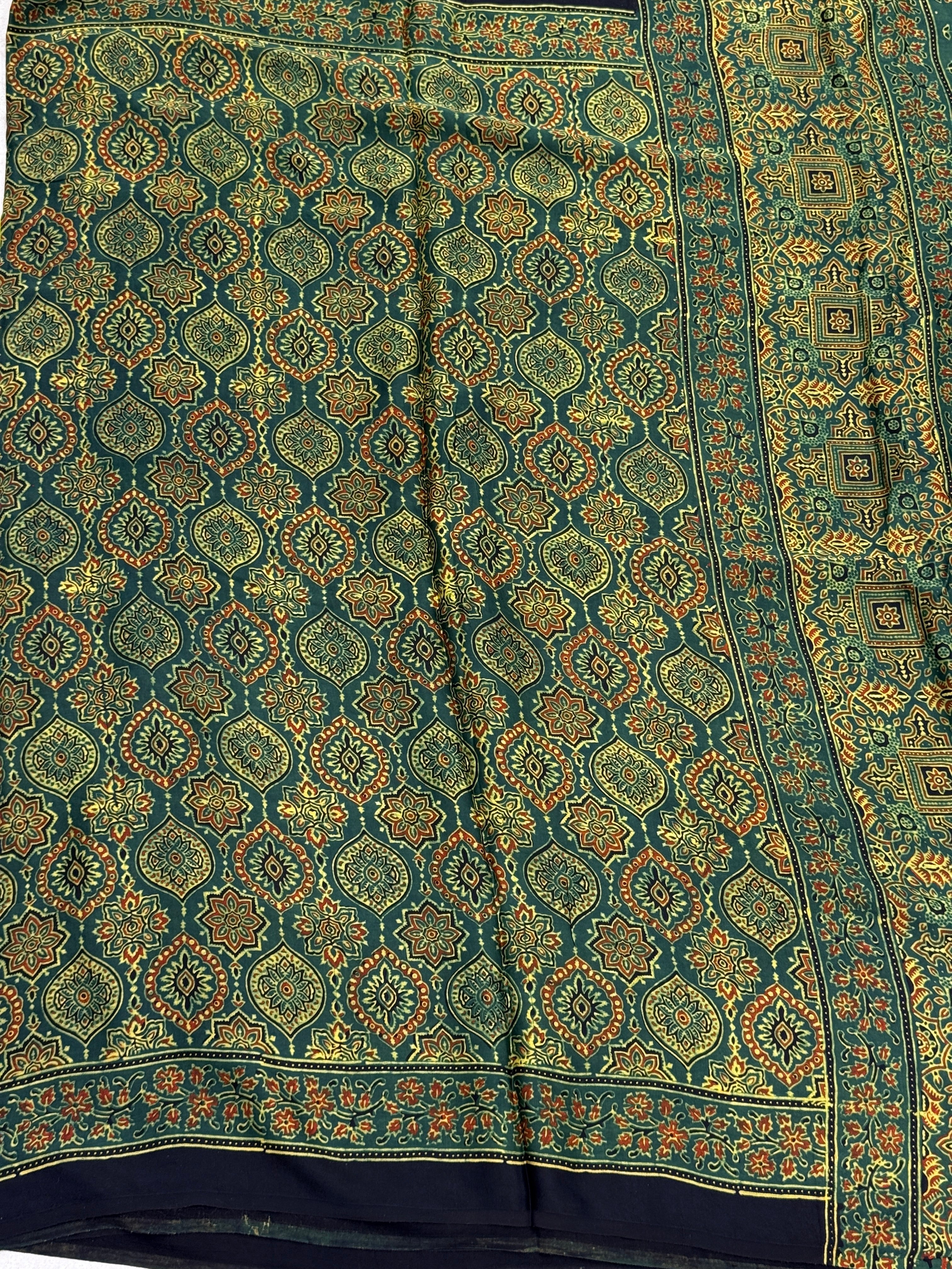 Green Badam Butti Ajrakh Hand Block Print Pure Gajji Silk Saree