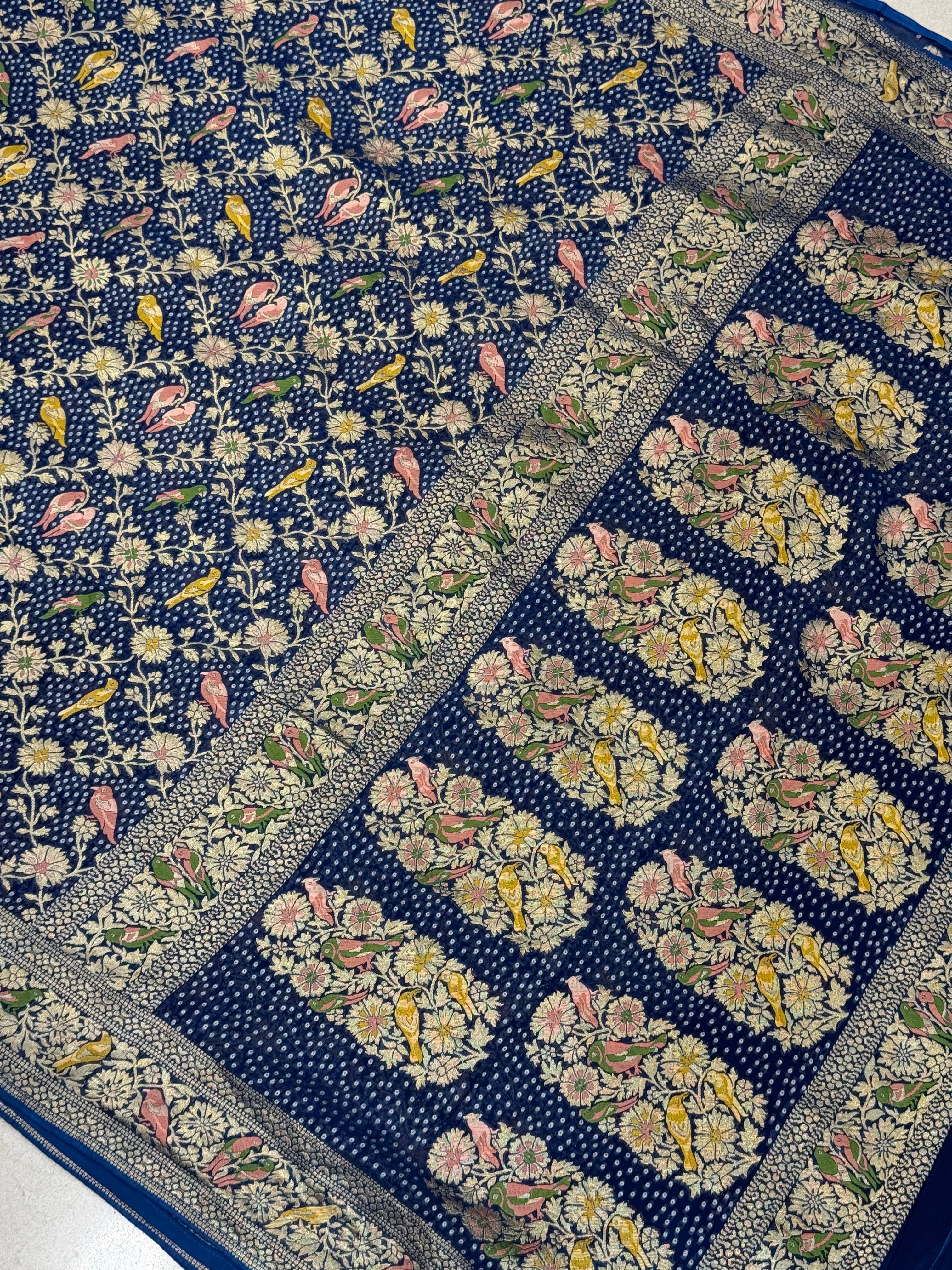 Blue Woven Bandhej Meenakari Parrot Motif Saree