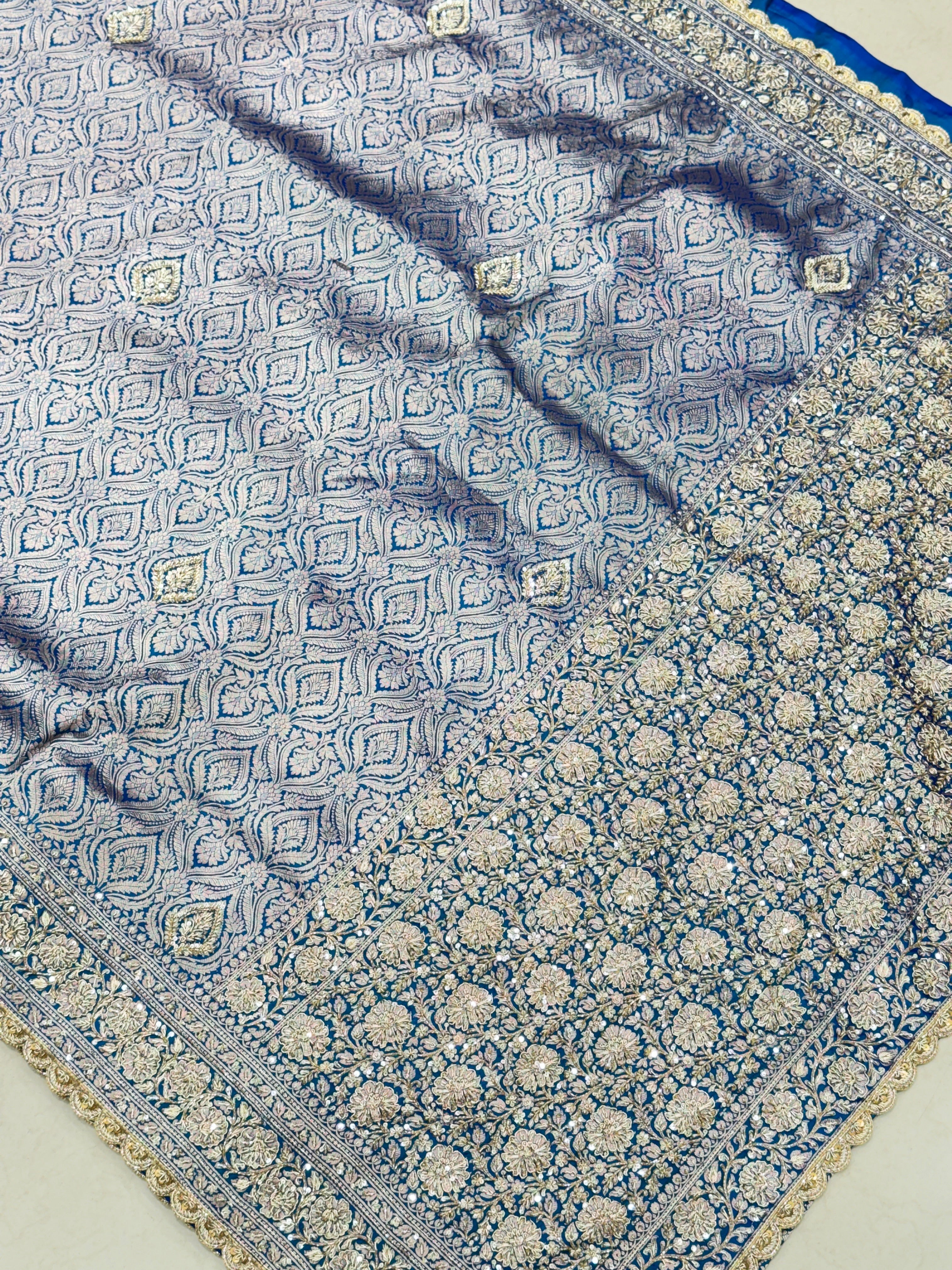 Petrol Blue Banarasi Katan Brocade Hand Embroidery Saree