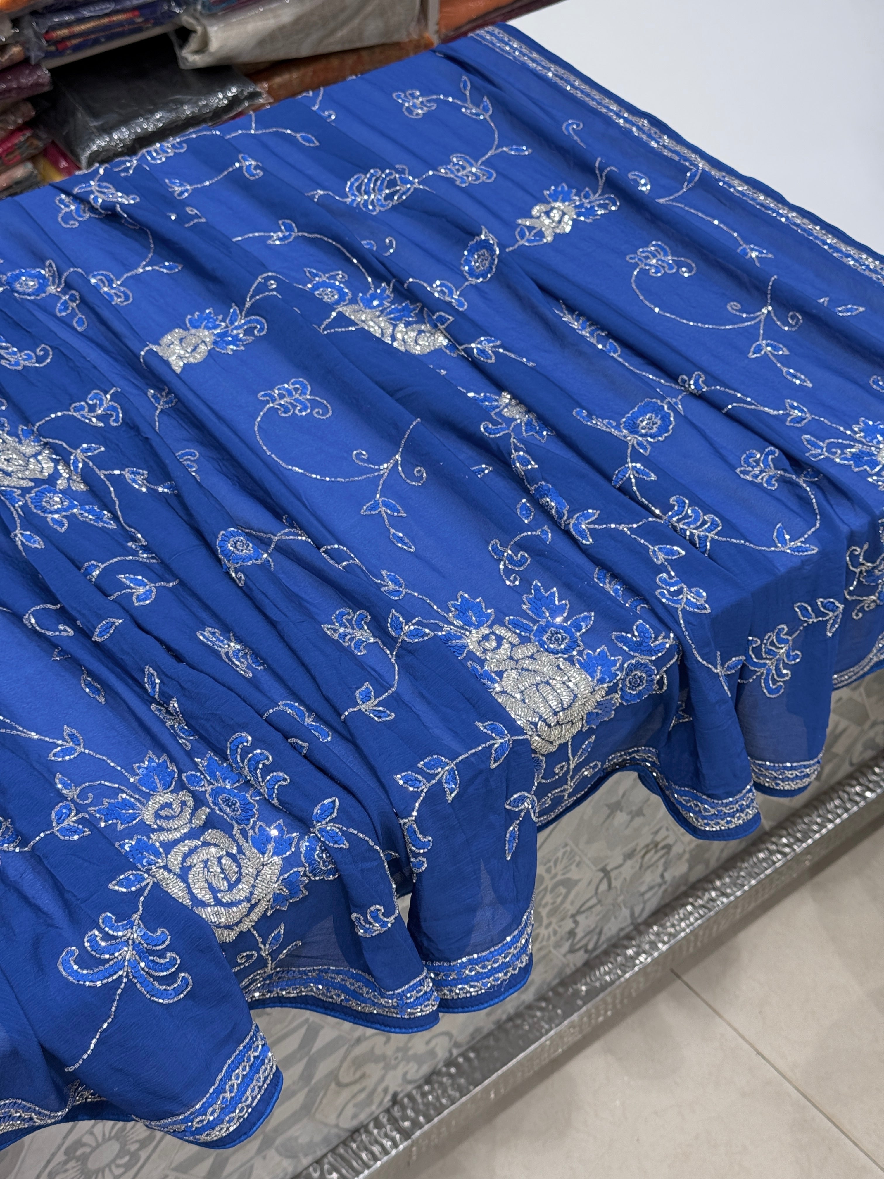Blue on Blue Georgette Hand Embroidery Jaal Saree