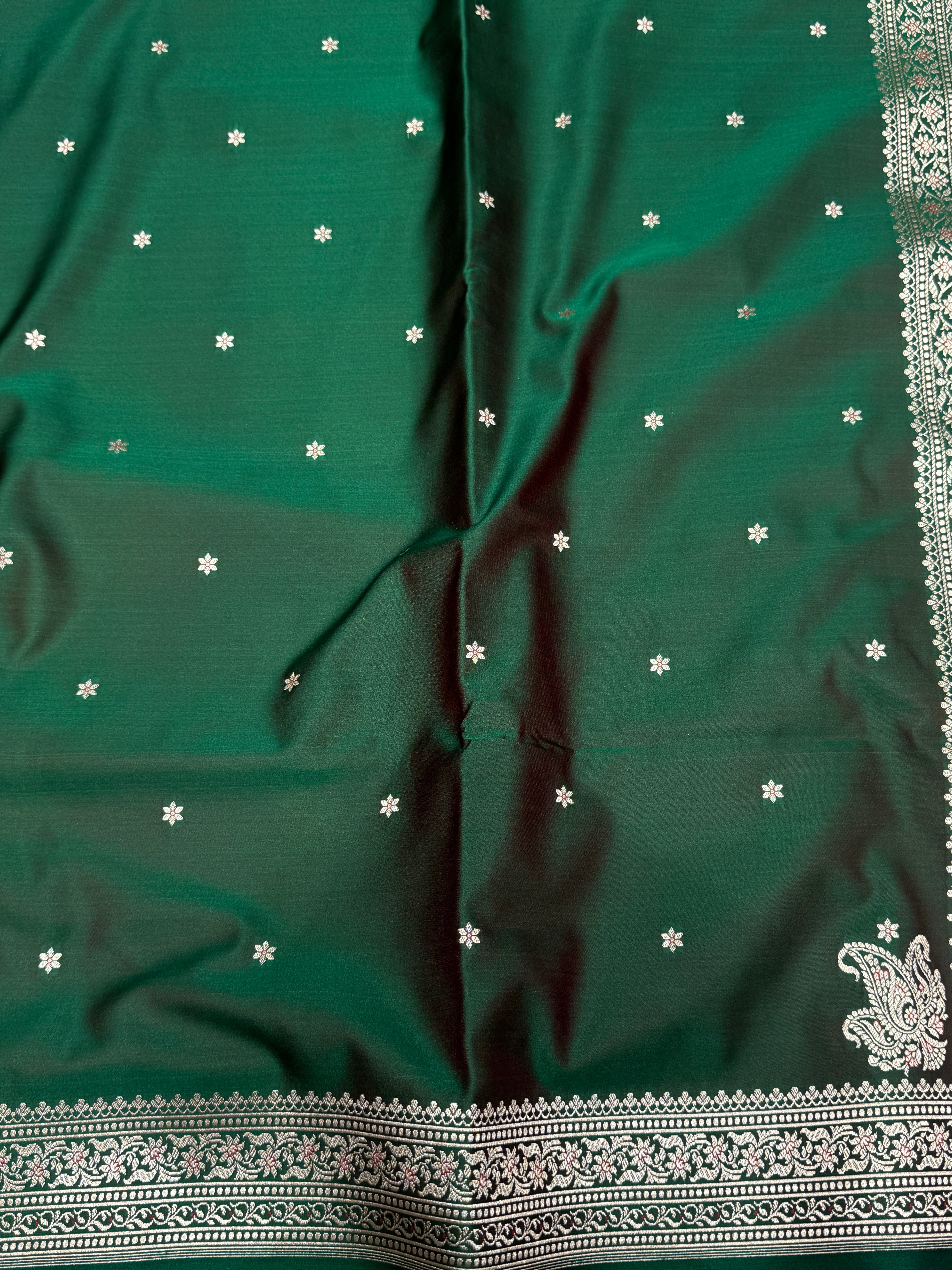 Bottle Green Banarasi Silk Star Butti Saree