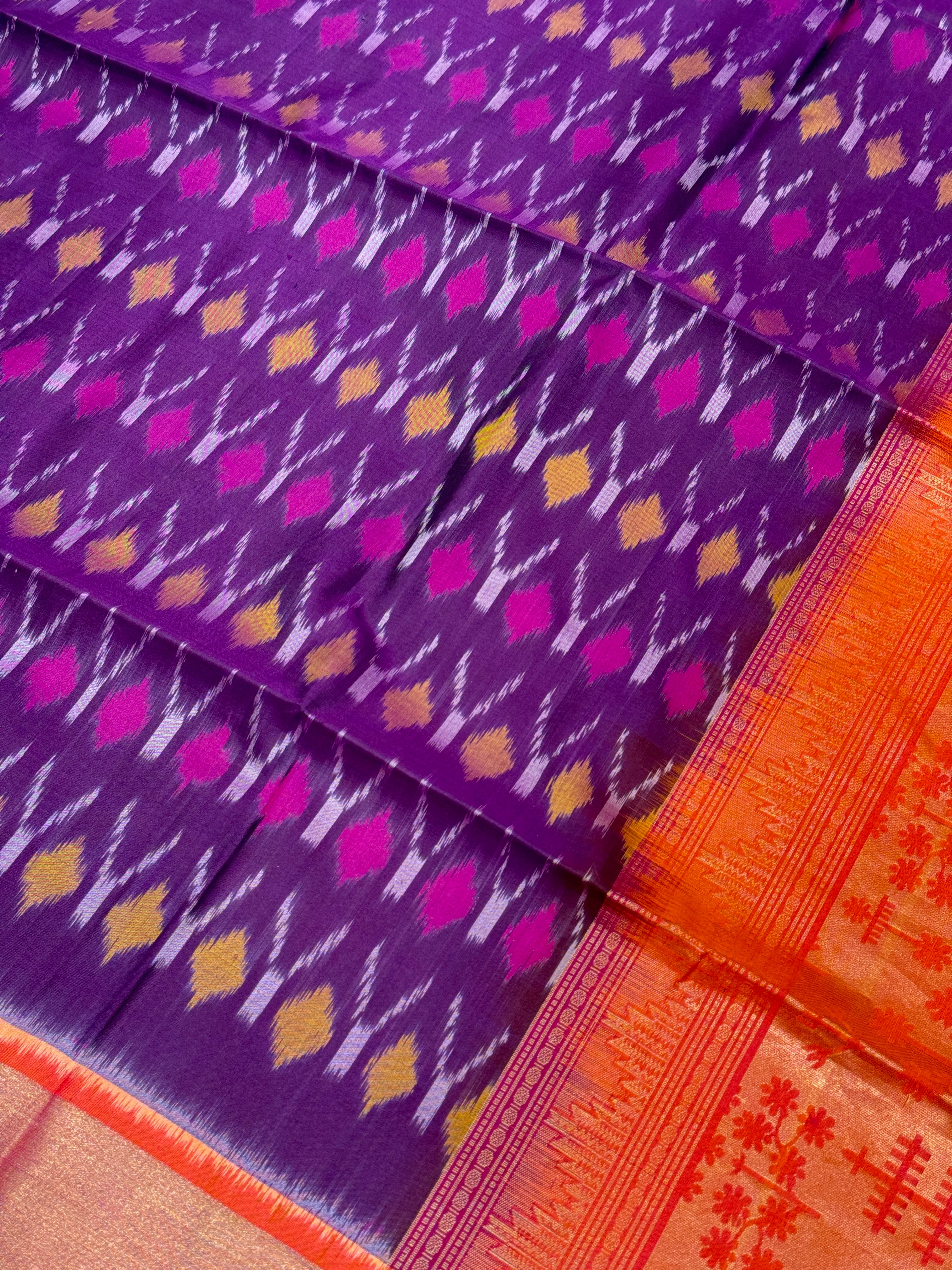 Contemporary Violet Orange Pochampally Ikat Silk Patola Saree