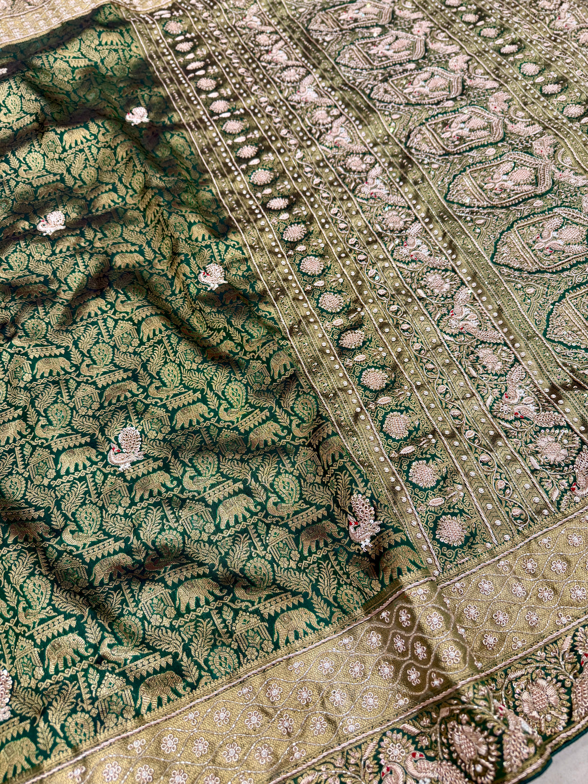 Bottle Green Kanjivaram Peacock Motif Hand Embroidery Zardosi Saree
