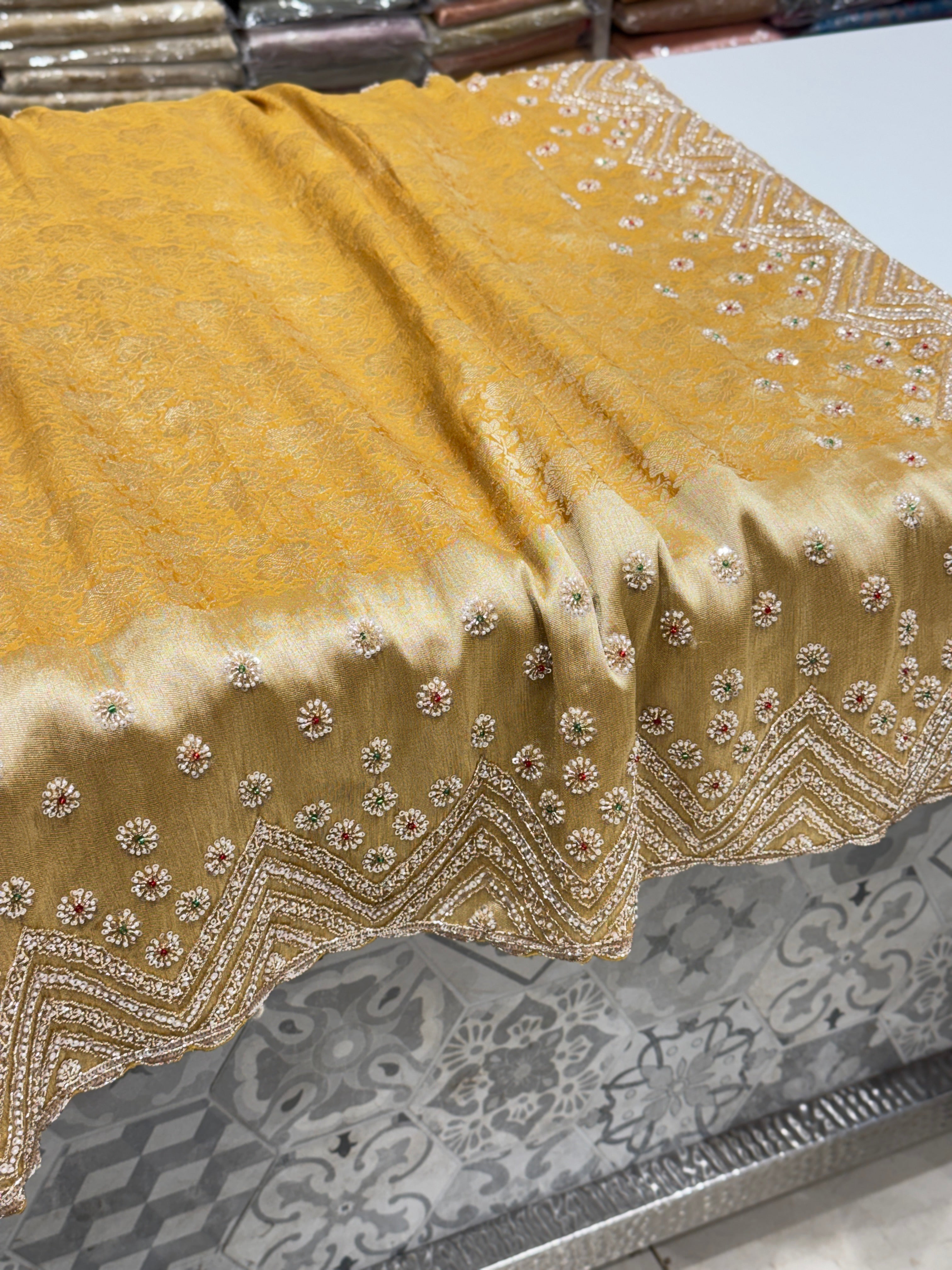 Yellow Floral Weave Soft Silk Moti Crystal Embroidery Saree