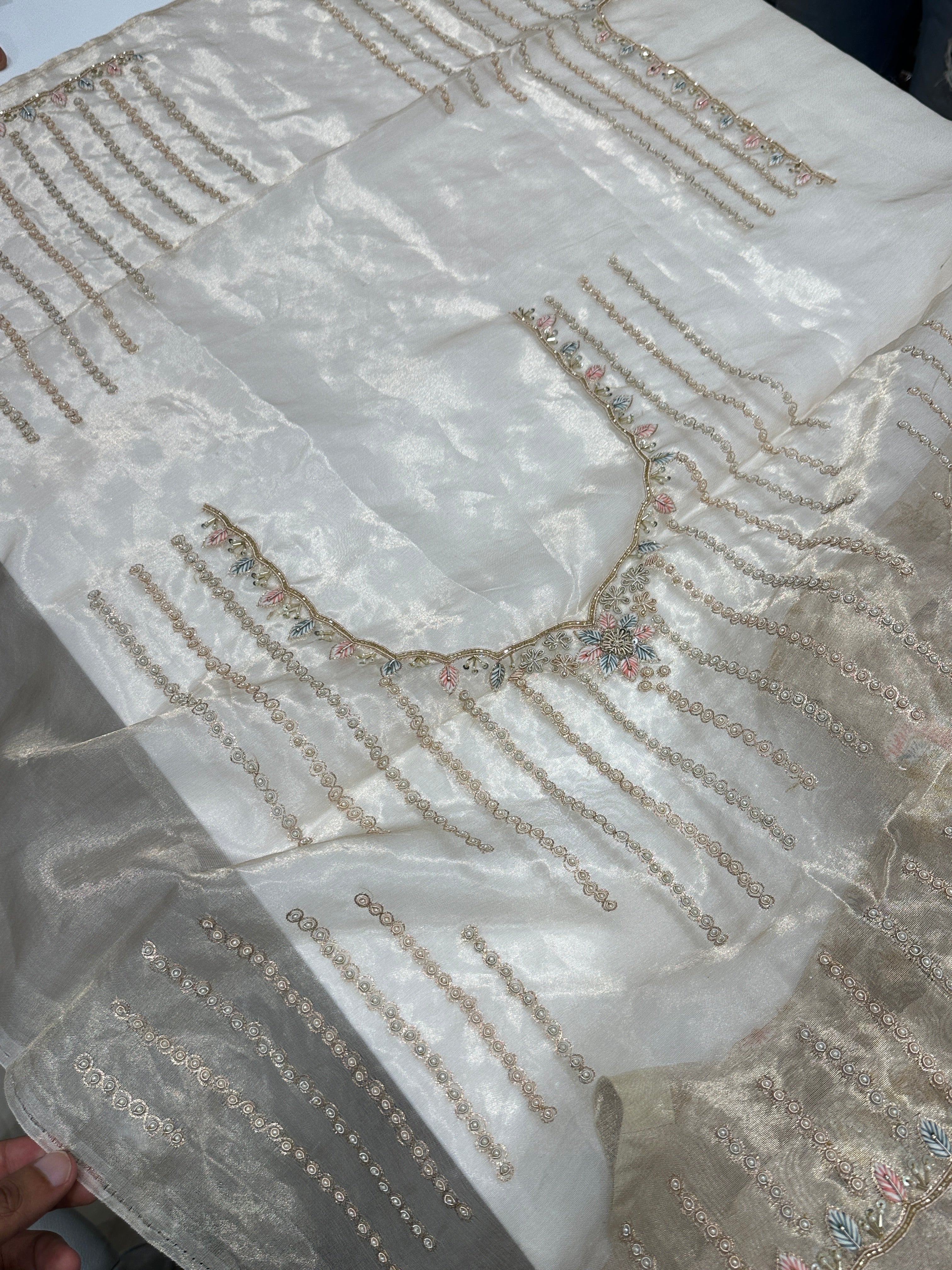 Light Gold Tissue Zardosi Resham Knot Hand Embroidery Saree