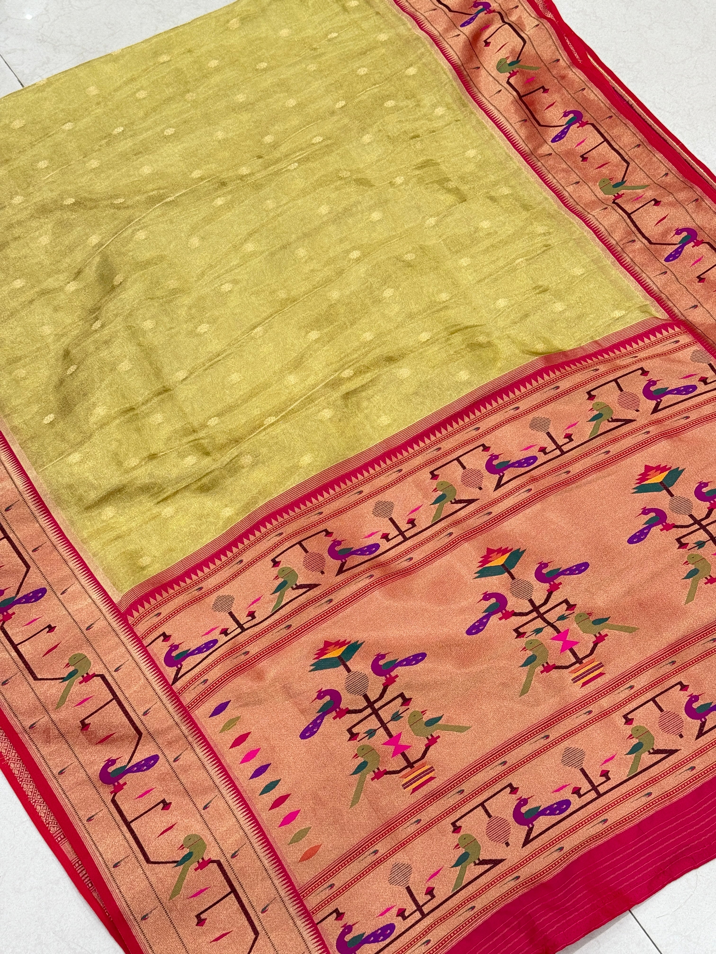 Neon Tissue Paithani Peacock Parrot Border Saree