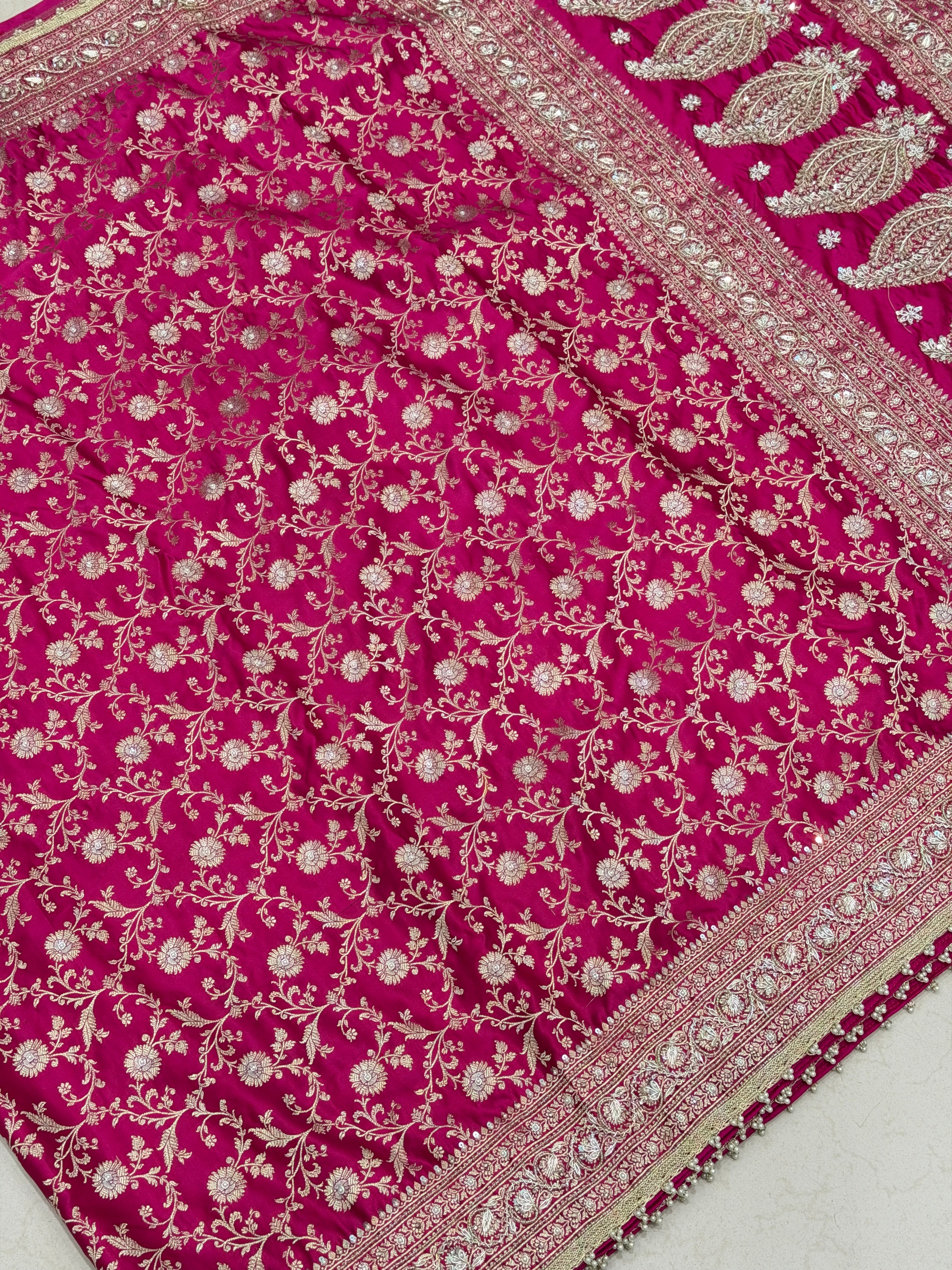 Rani Pink Banarasi Sona Roopa Jaal Zardosi Hand Embroidery Saree