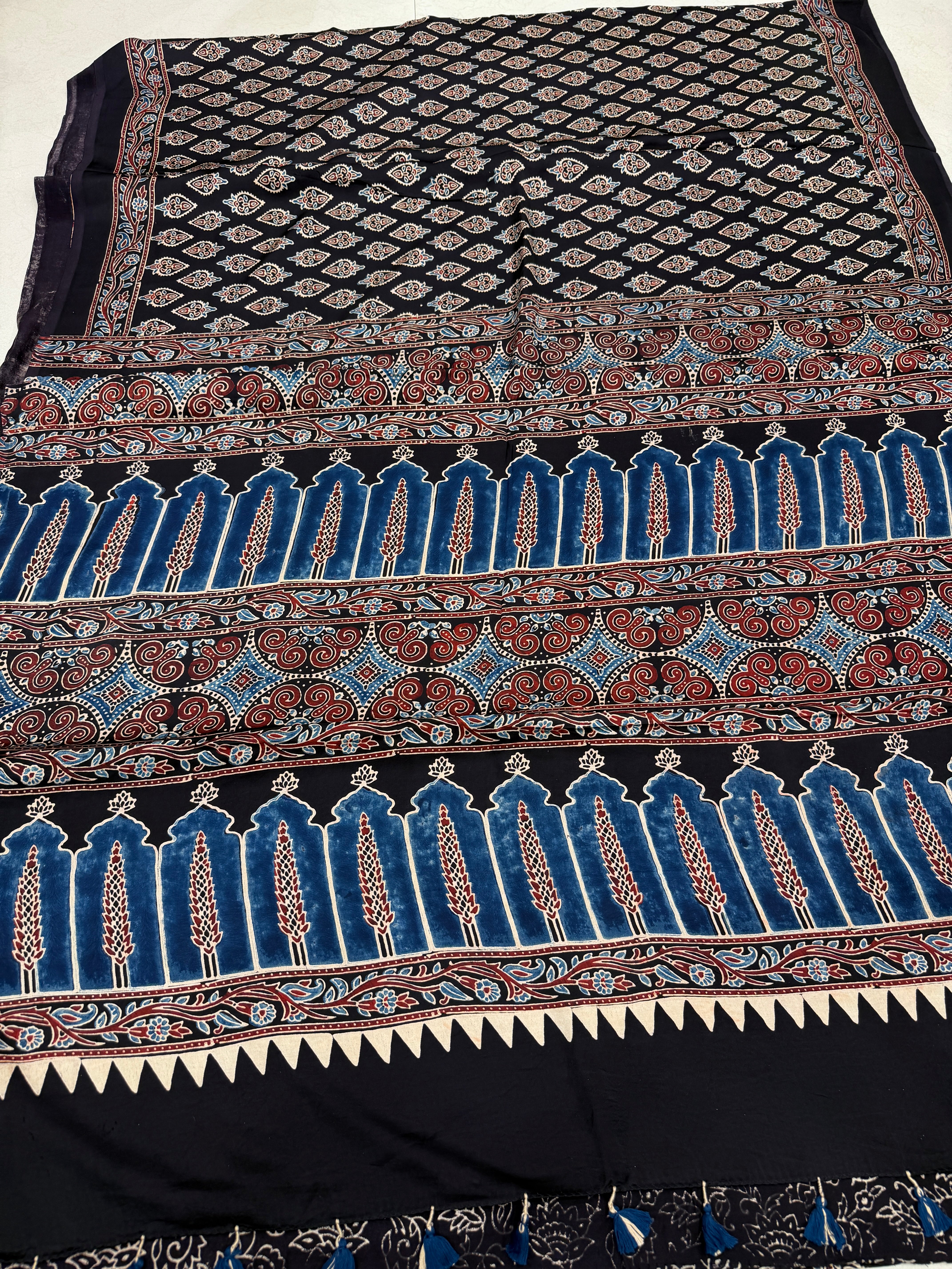 Black Keri Buttas Ajrakh Block Print Hand Pure Gajji Silk Saree
