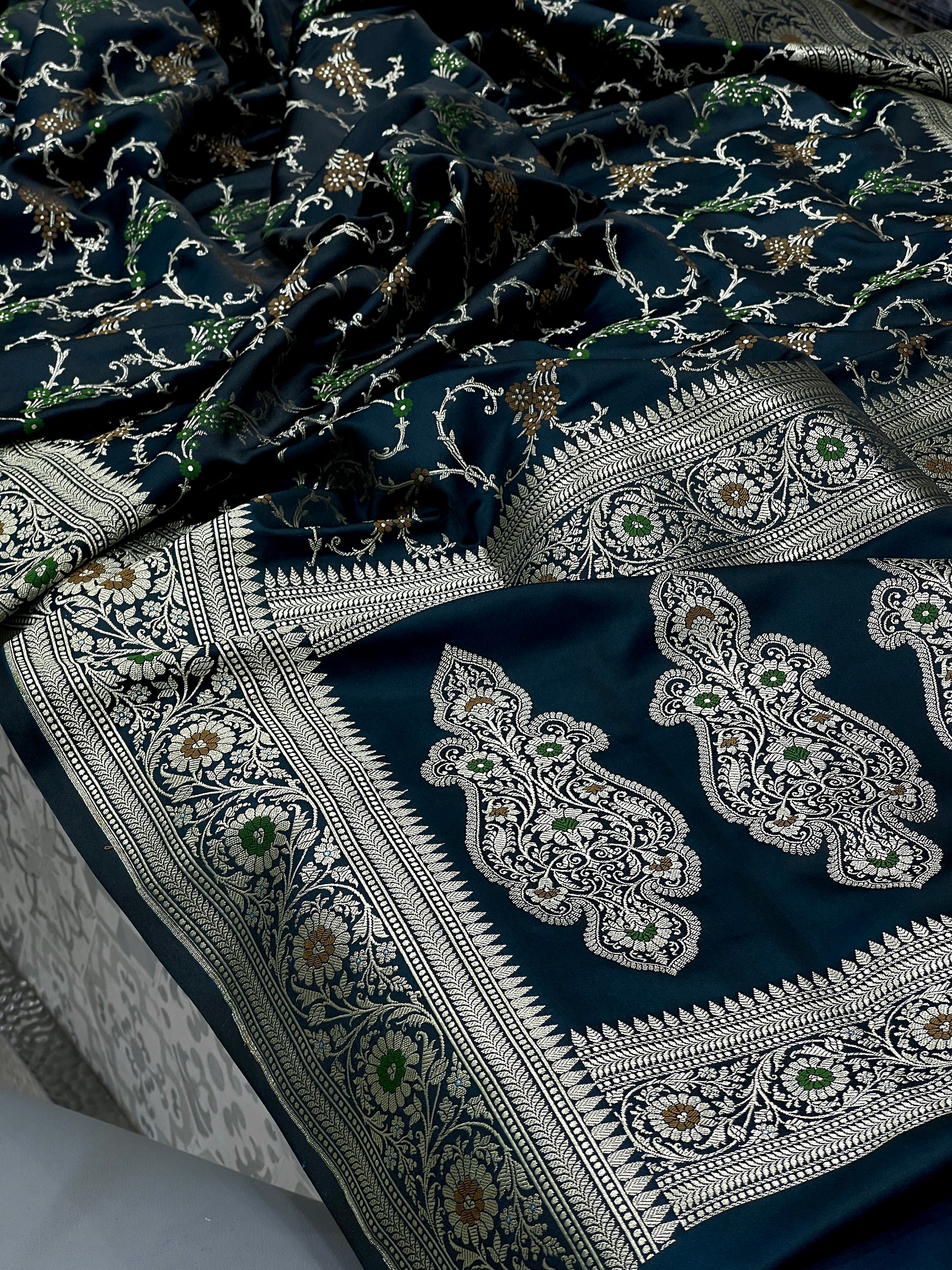 Blueish Green Banarasi Meenakari Jaal Saree