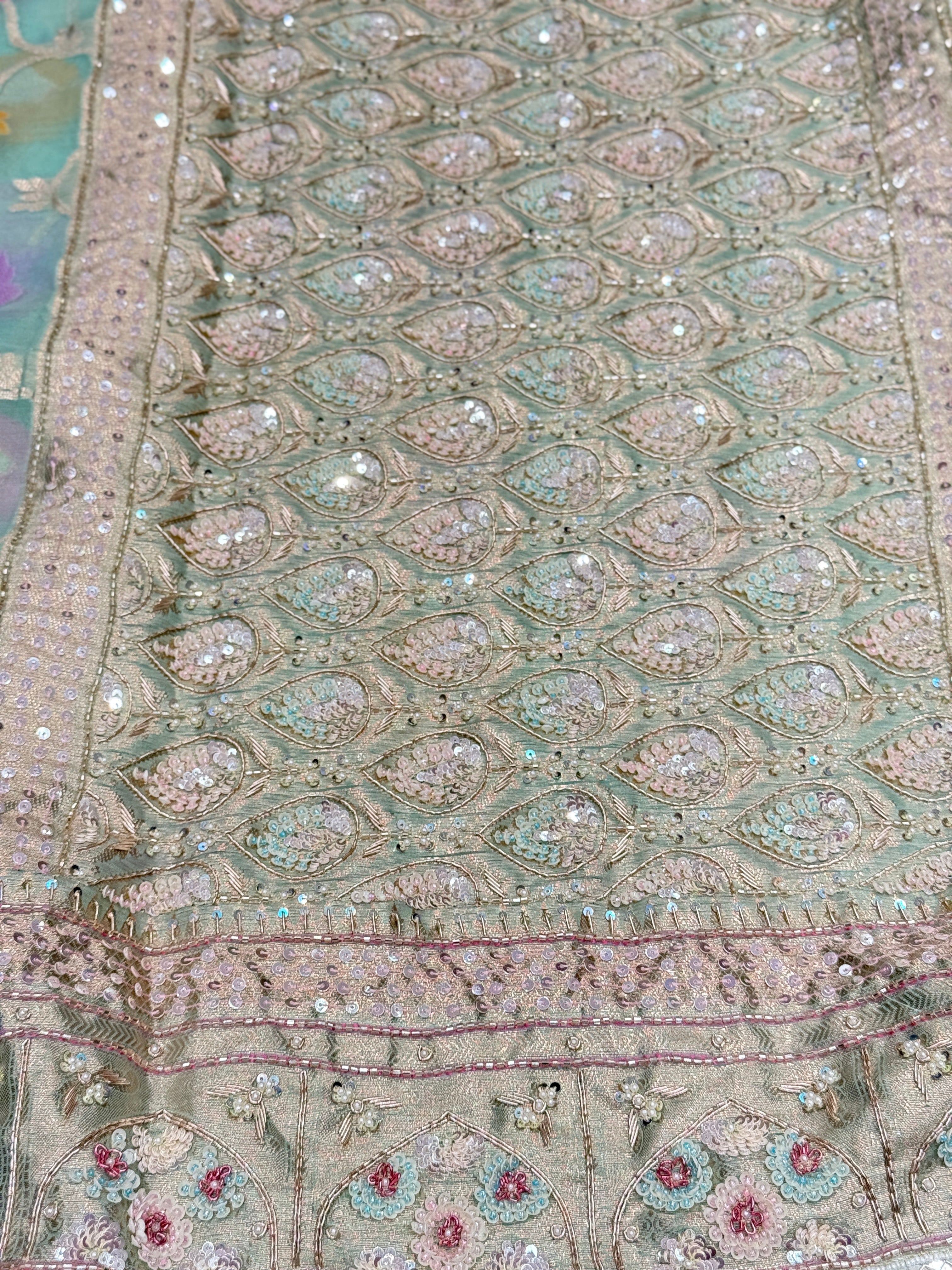 Light Blue Meenakari Banarasi Kora Sequin Zardosi Hand Embroidery Saree