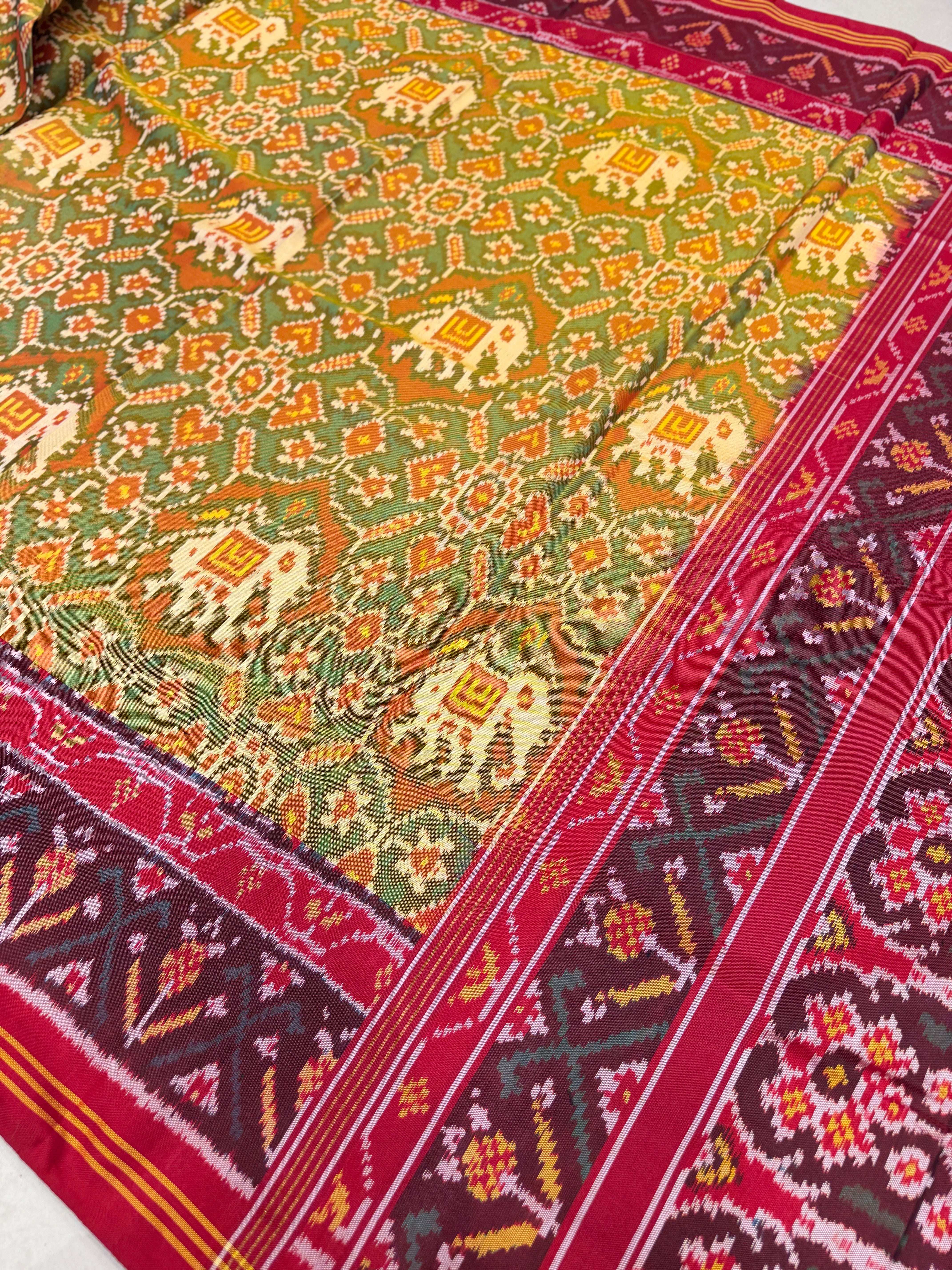 Yellow Red Navratna With Elephant Motifs Patan Patola Handloom Saree